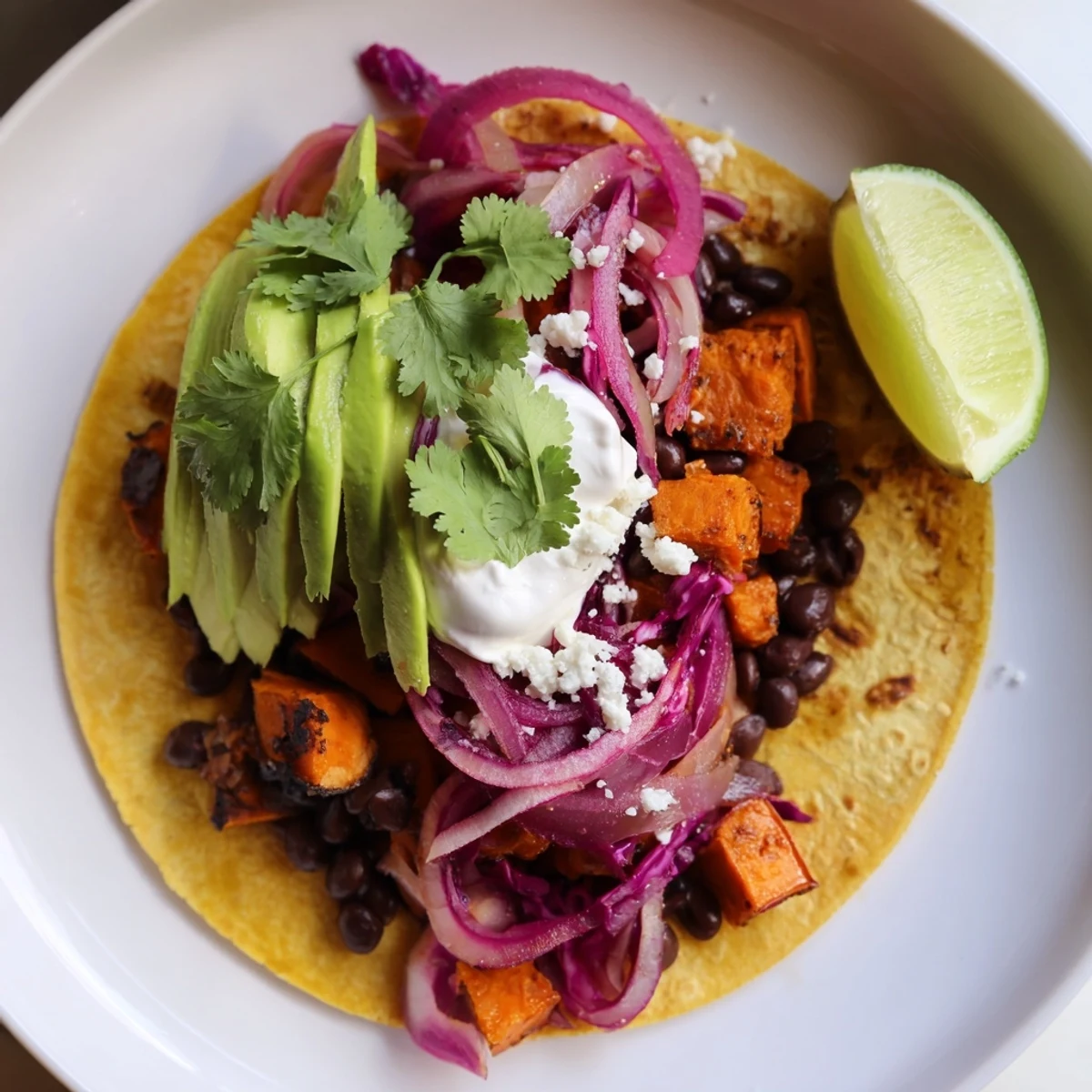 Quick Sweet Potato and Black Bean Tacos, a colorful vegetarian meal with roasted sweet potatoes, beans, and fresh toppings.