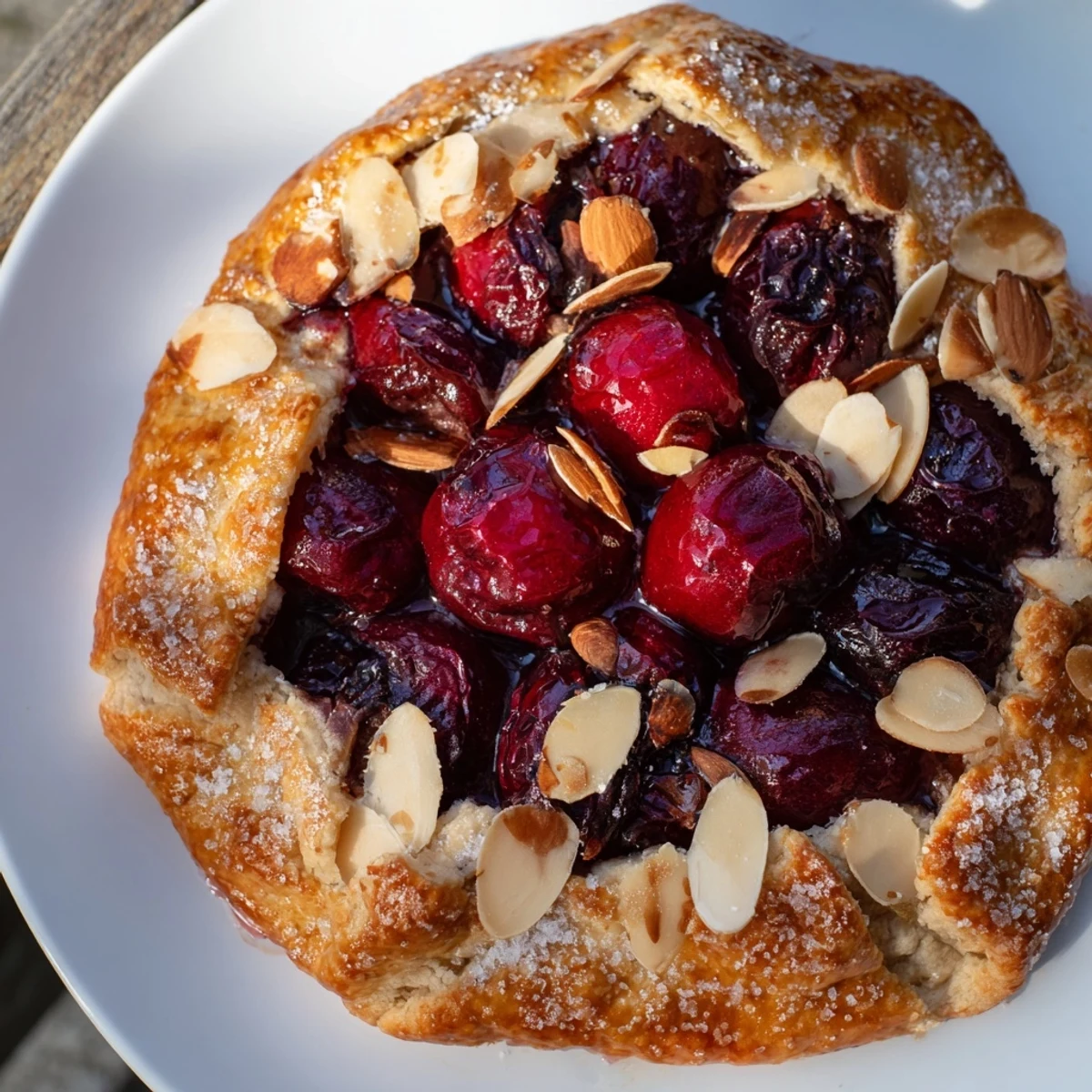 Golden-crusted Rustic Cherry and Vanilla Almond Galette, bubbling with sweet, juicy cherry filling, ready to serve.