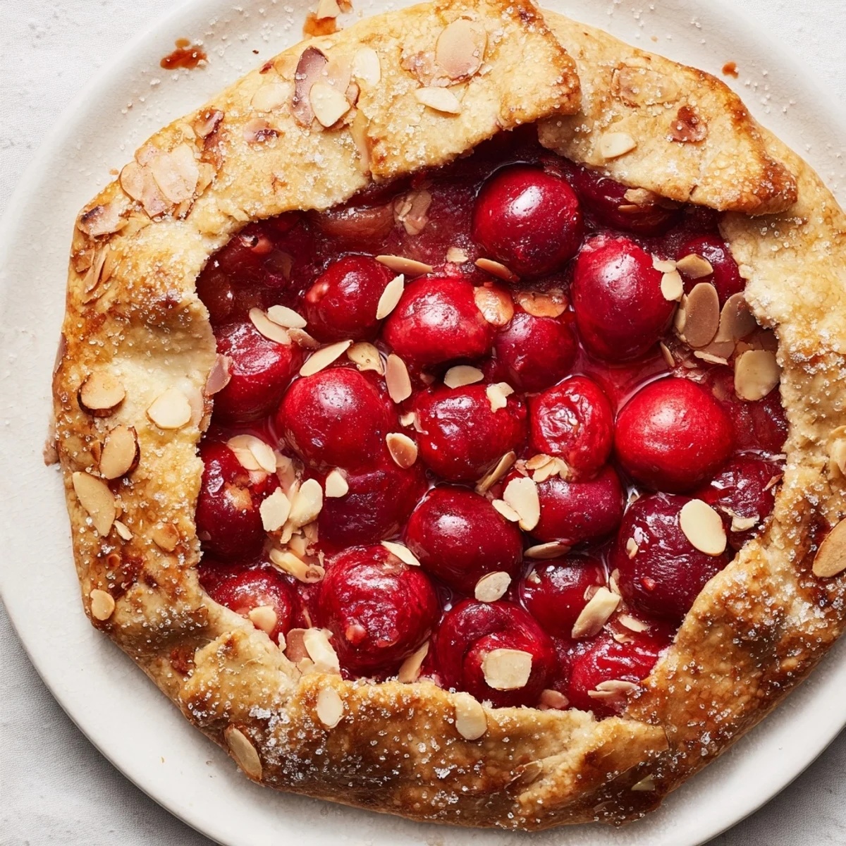 A warm slice of the Rustic Cherry and Vanilla Almond Galette, showcasing a flaky crust and vibrant cherries.