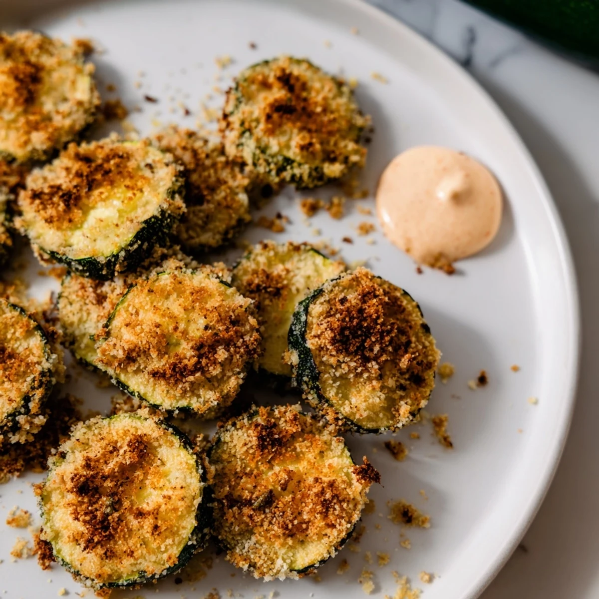 Golden-brown crispy baked zucchini rounds ready to eat, served alongside a creamy, vibrant spicy mayo.