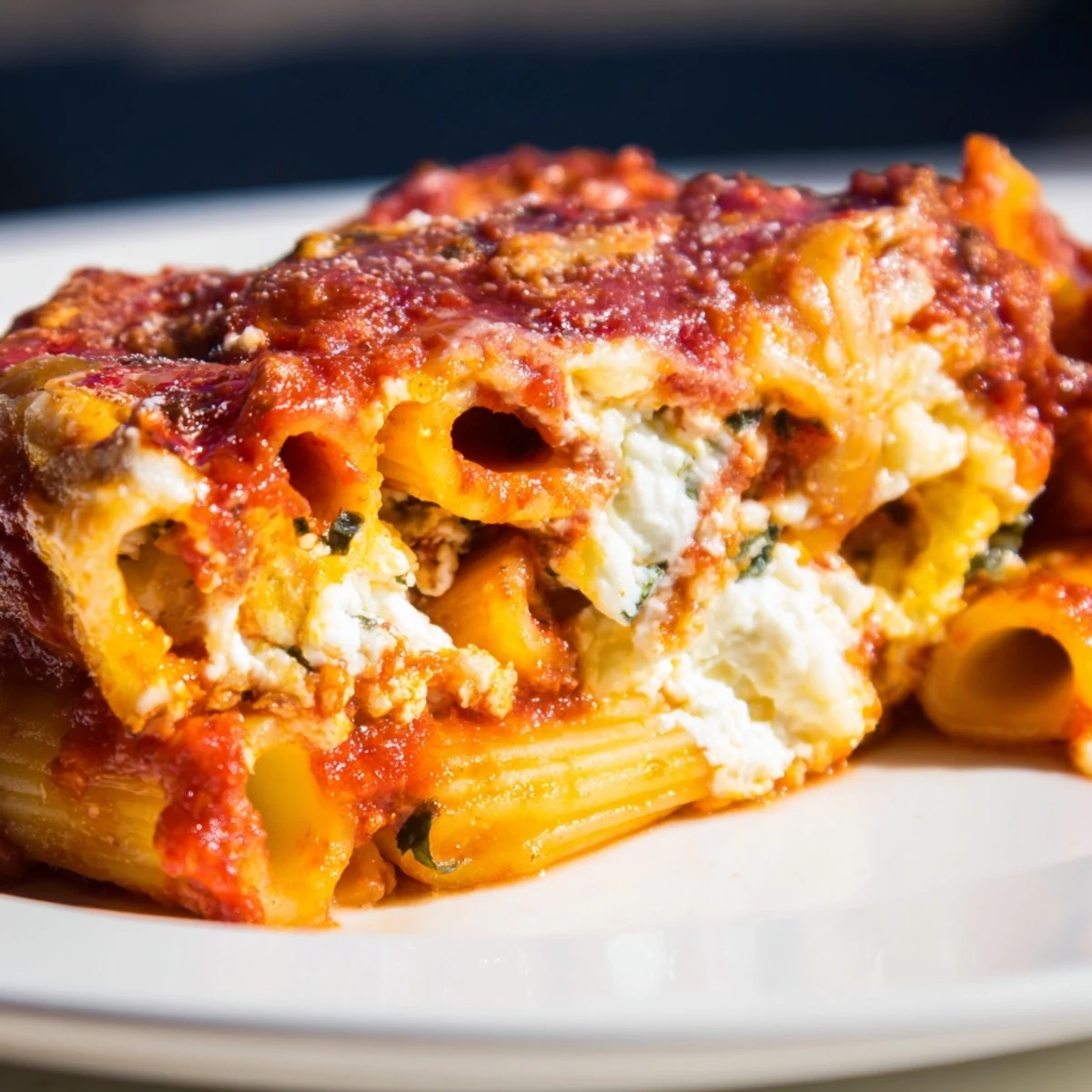 Golden, bubbly One-Dish Baked Ziti, a comforting Italian dinner topped with melted mozzarella and Parmesan.