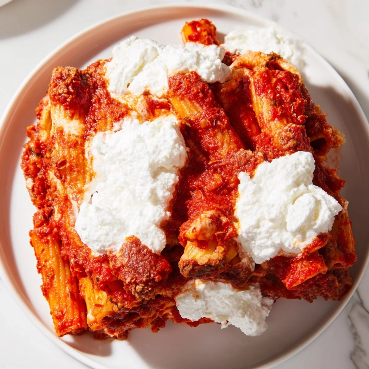 A close-up of delicious One-Dish Baked Ziti, revealing creamy ricotta and rich marinara sauce layers.