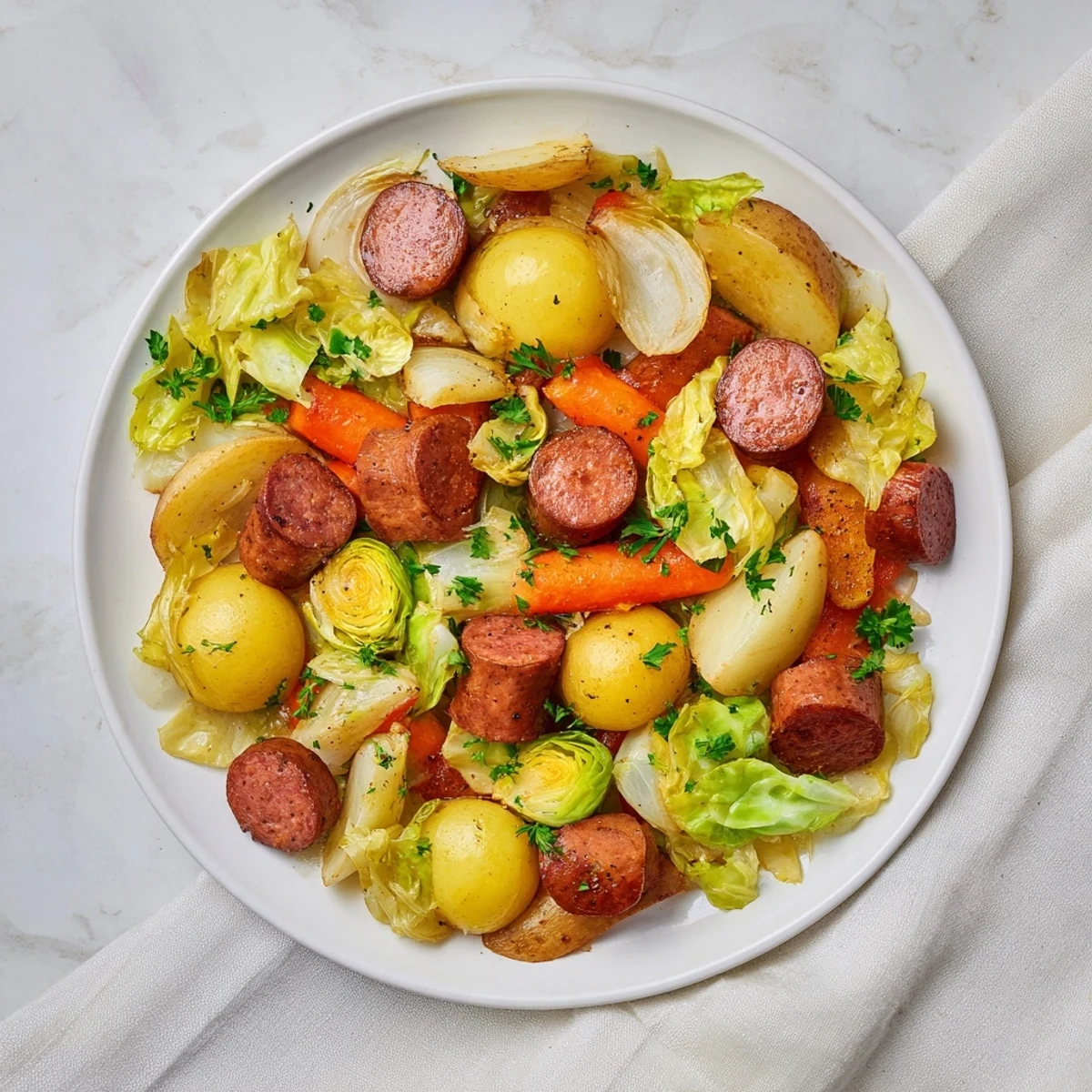 A close-up shot of the All-in-One Pan Sausage and Cabbage Bake, with golden-brown vegetables and juicy sausage.