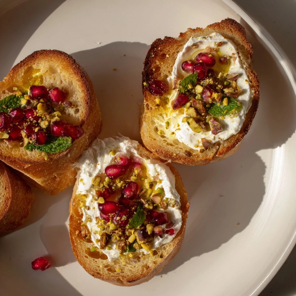 Toasted baguette slices topped with creamy goat cheese and vibrant Festive Pomegranate Crostini.