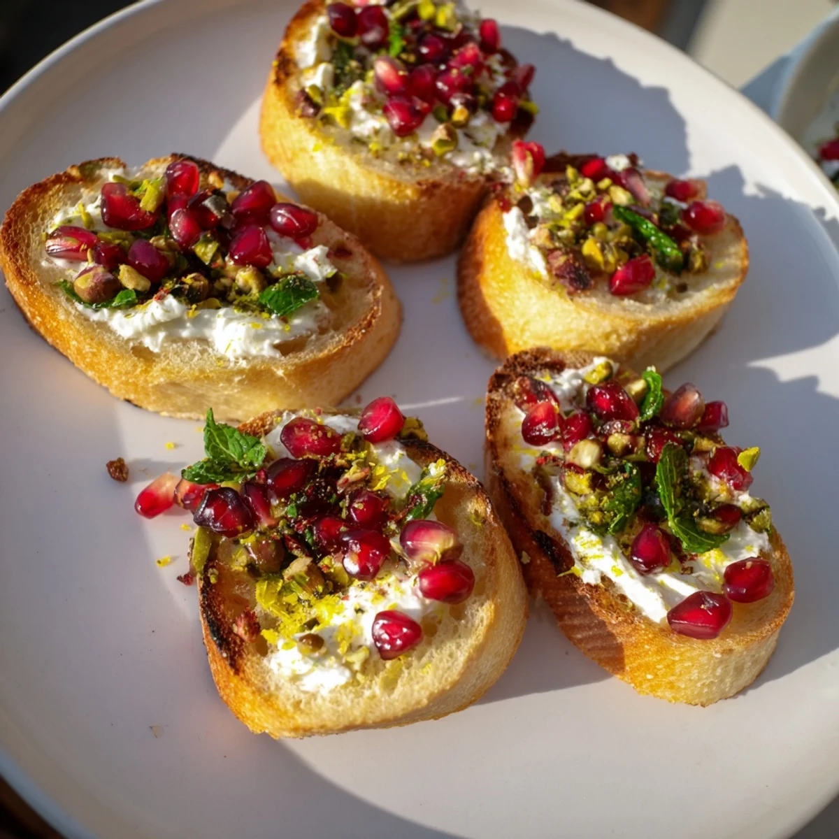 Beautifully plated Festive Pomegranate and Goat Cheese Crostini, ready to serve at your next holiday party.