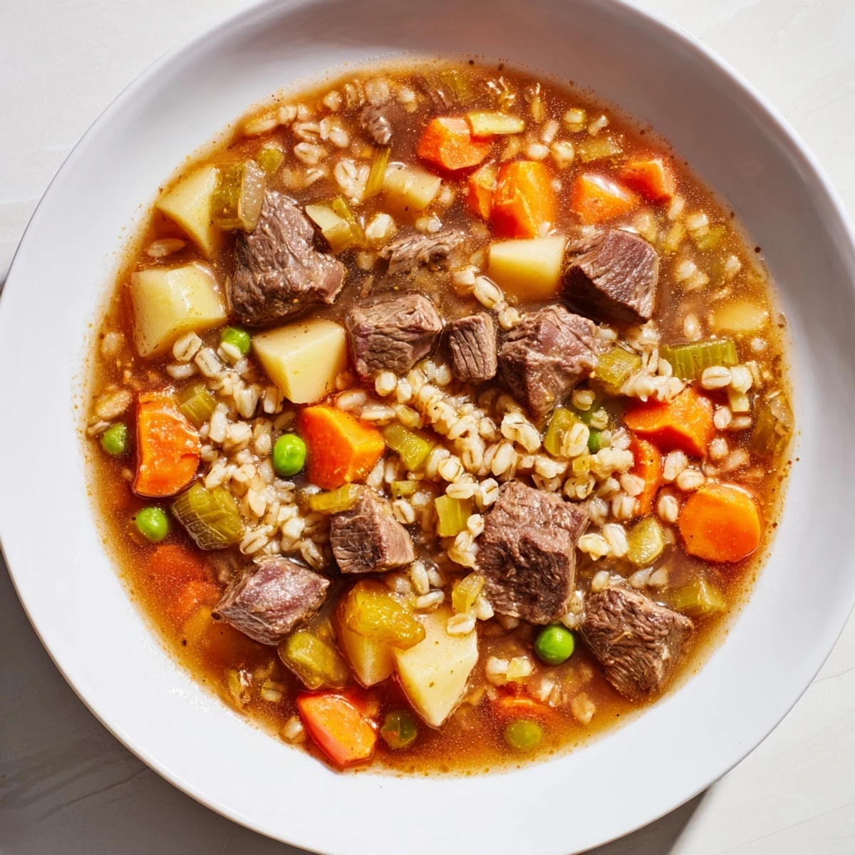 Steaming One-Pot Hearty Beef and Barley Soup with tender beef and vegetables, ready to serve with a crusty bread.