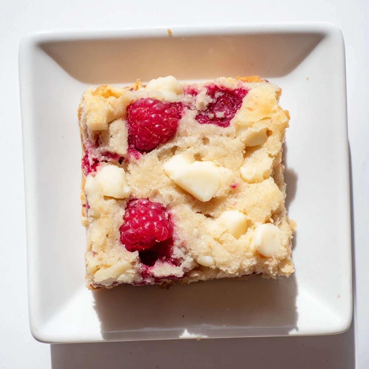 Golden brown Decadent White Chocolate and Raspberry Blondies with melted white chocolate drizzle, ready to be enjoyed as a treat.