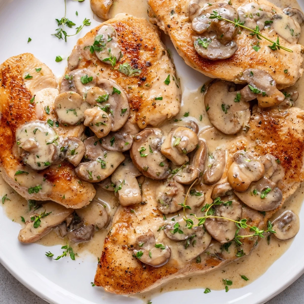 Golden-brown, skillet-seared chicken breast, coated in creamy, mushroom sauce, ready to serve with parsley.