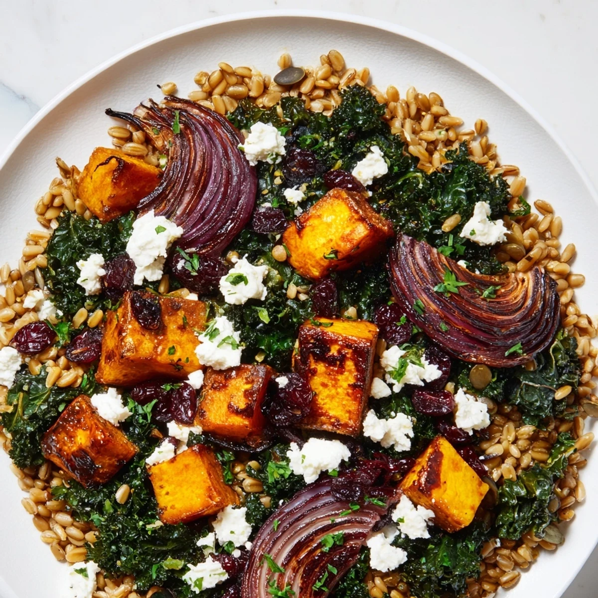 A brightly-colored Harvest Grain Bowl with roasted pumpkin, kale, cranberries, and feta cheese.