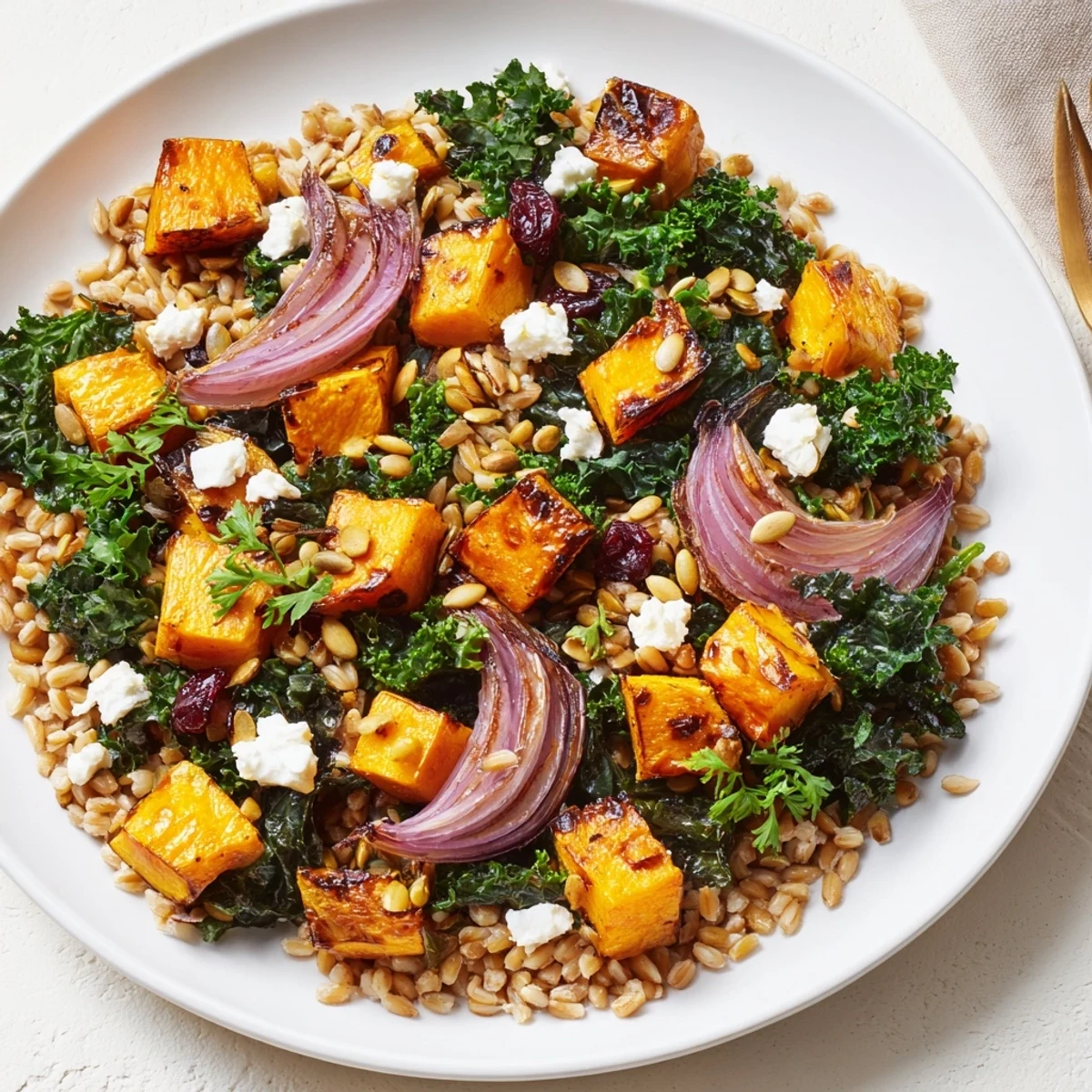 Enjoy a warm Harvest Grain Bowl: sweet roasted pumpkin nestled in a wholesome, delicious meal.