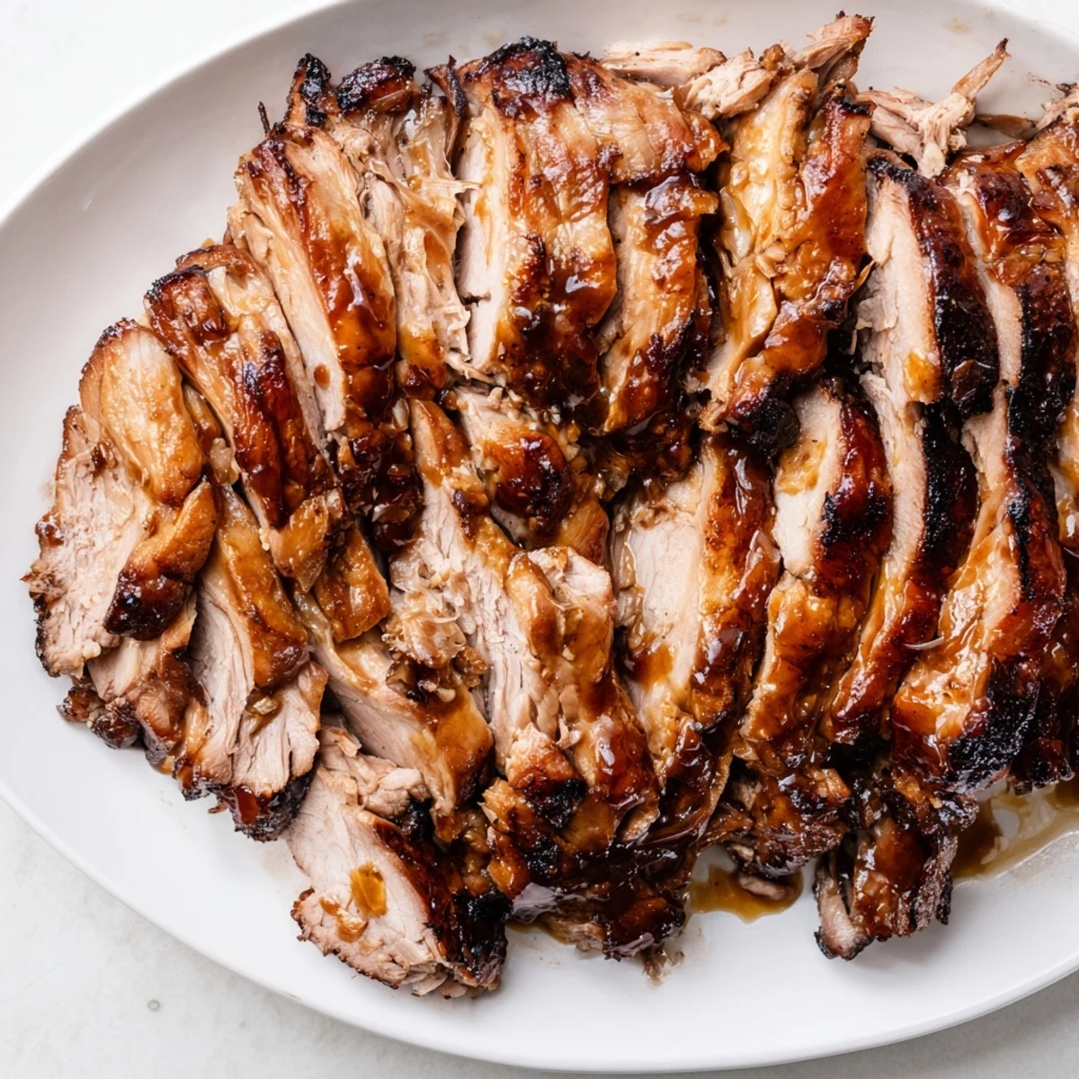 Tender slow-roasted pork shoulder with cider glaze, glistening with a rich, caramelized sheen.