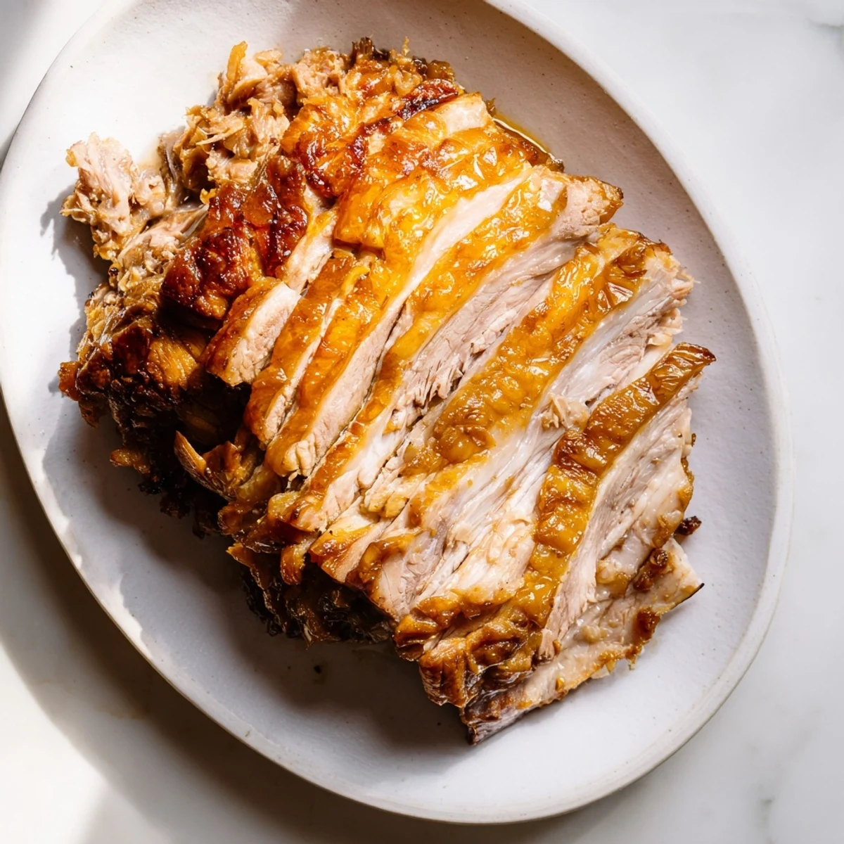 Enjoy the juicy slow-roasted pork shoulder, served with a vibrant cider glaze, hinting at a savory meal.
