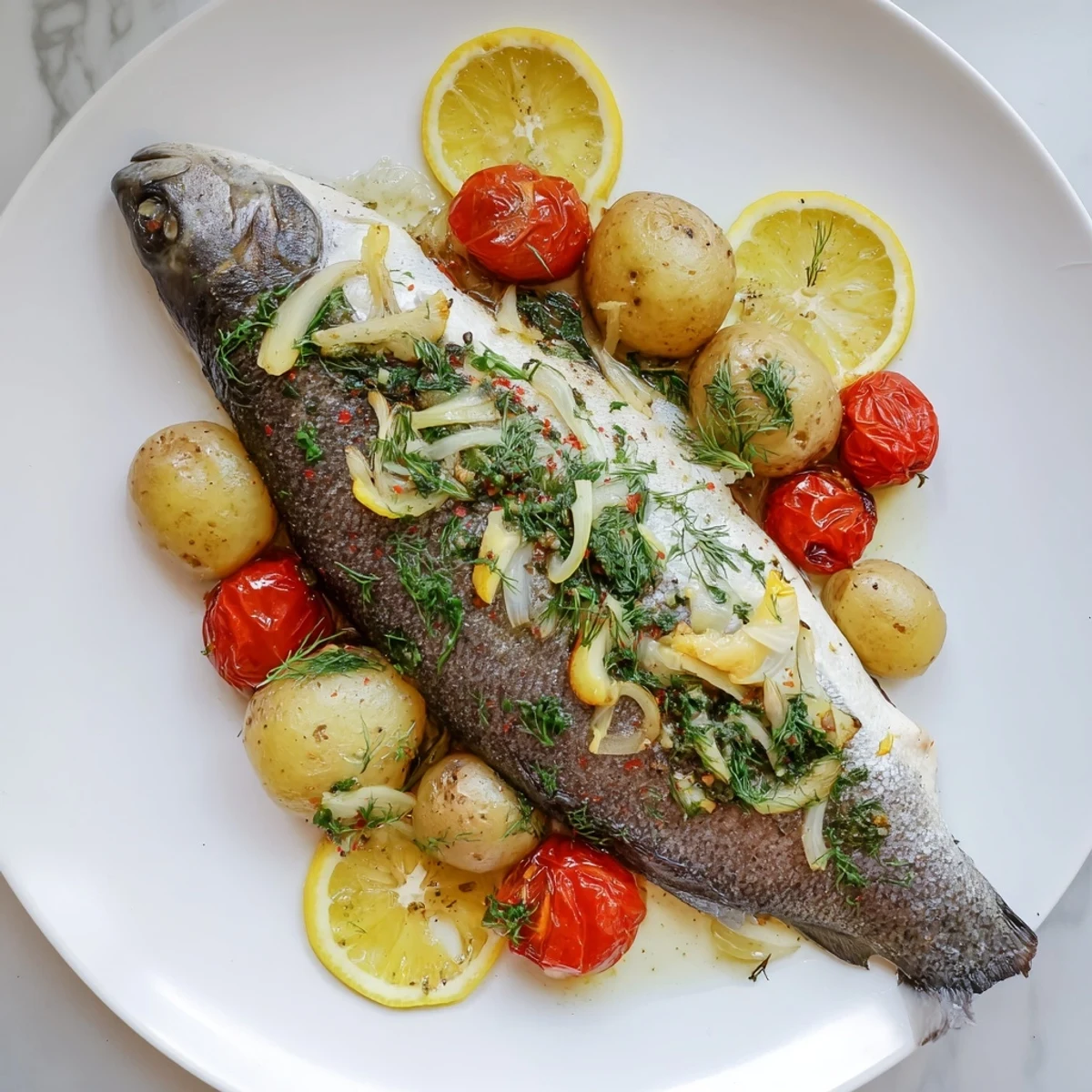 Golden brown one-tray baked trout with herbs, potatoes, and glistening tomatoes, a complete meal.