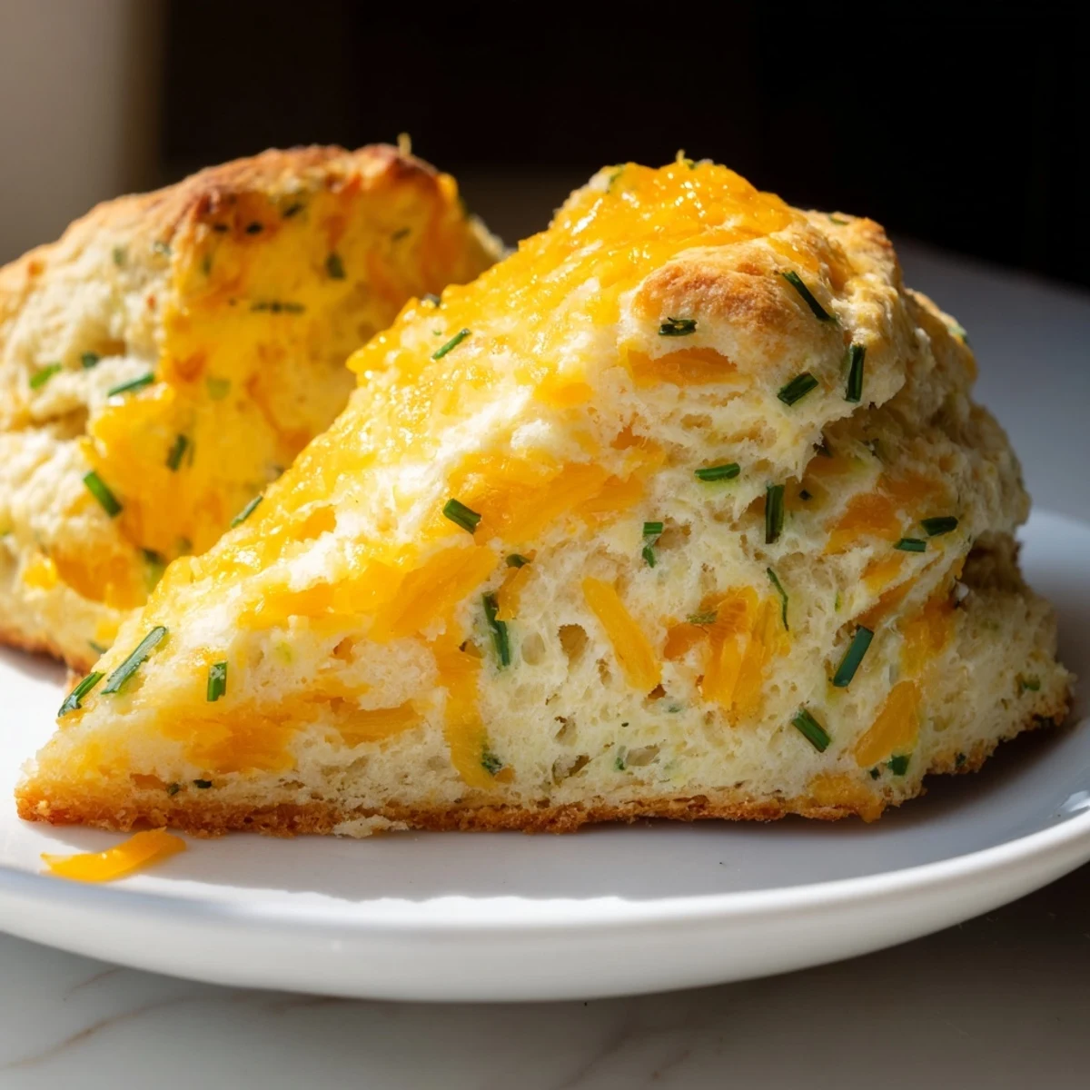 Warm, golden cheddar and chive scones fresh from the oven, offering a delightful savory taste.