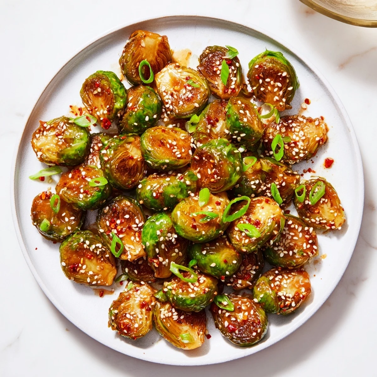 Sweet and sticky Honey-Soy Glazed Brussels Sprouts, roasted to perfection, topped with fresh green onions.