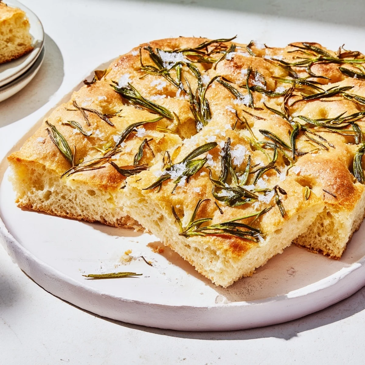 Simple homemade focaccia flatbread, golden and dimpled, with sea salt and fragrant rosemary.