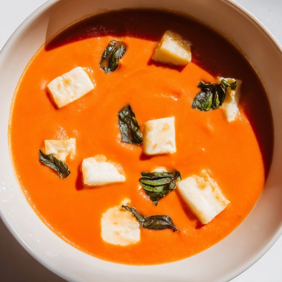 A rich close-up of Creamy Tomato Mozzarella Soup, with melted cheese and fresh basil garnish.