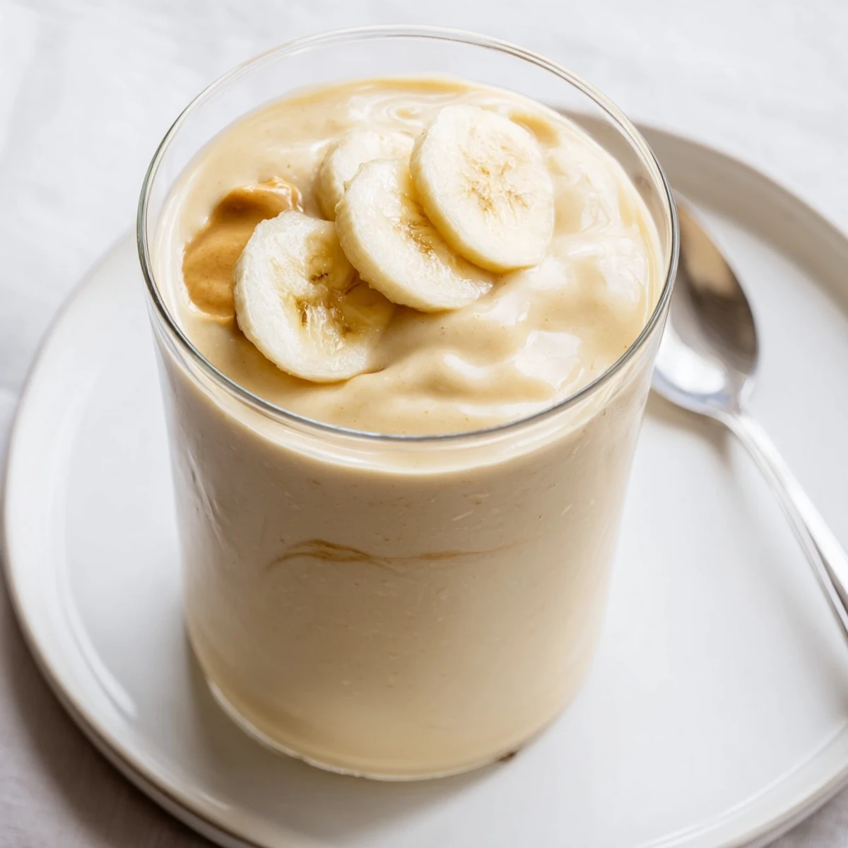 Creamy Peanut Butter Banana Smoothie, a thick, cold, blended drink in a tall glass, ready to sip.