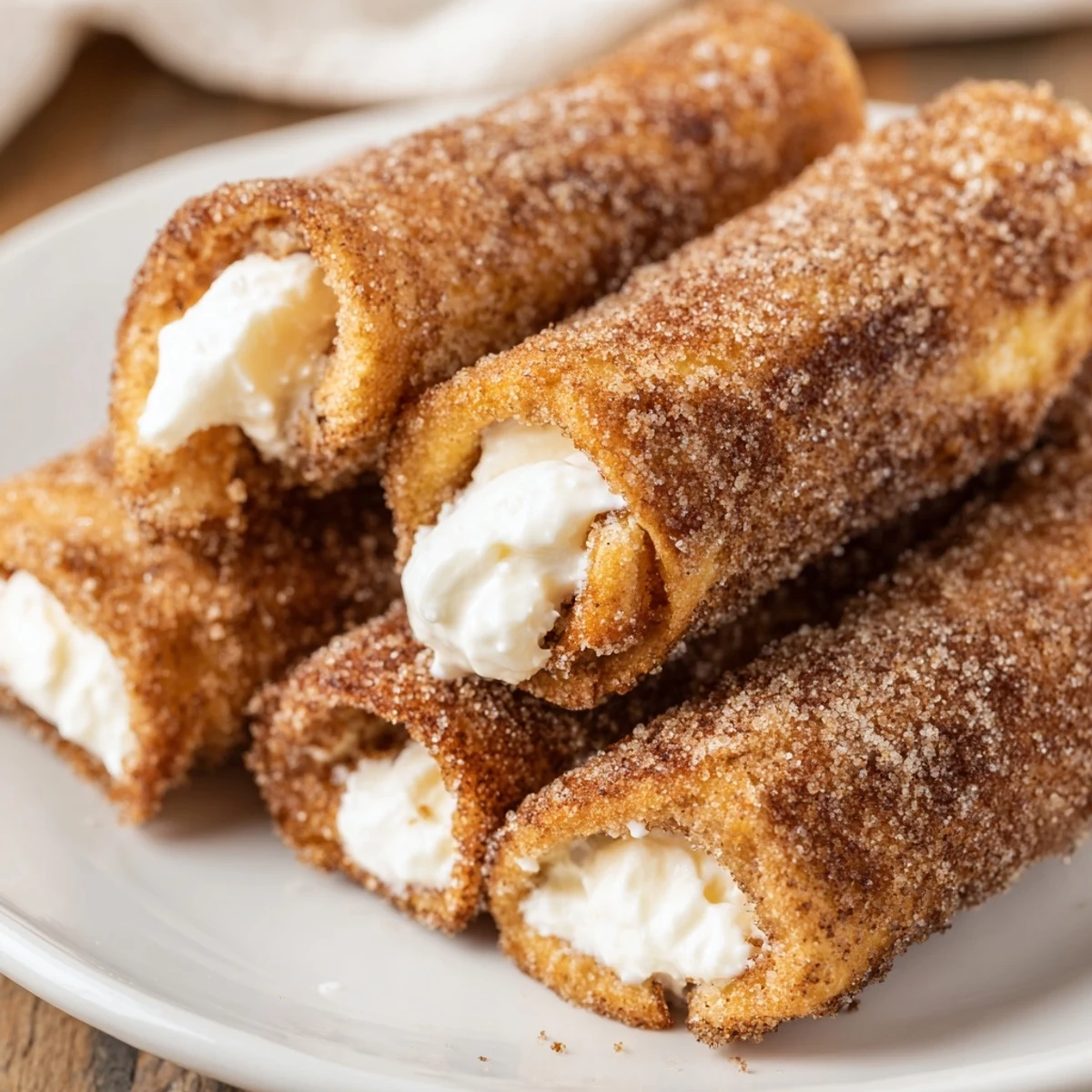 A plate of freshly made Easy French Toast Roll-Ups, showcasing the sweet cinnamon-sugar coating.