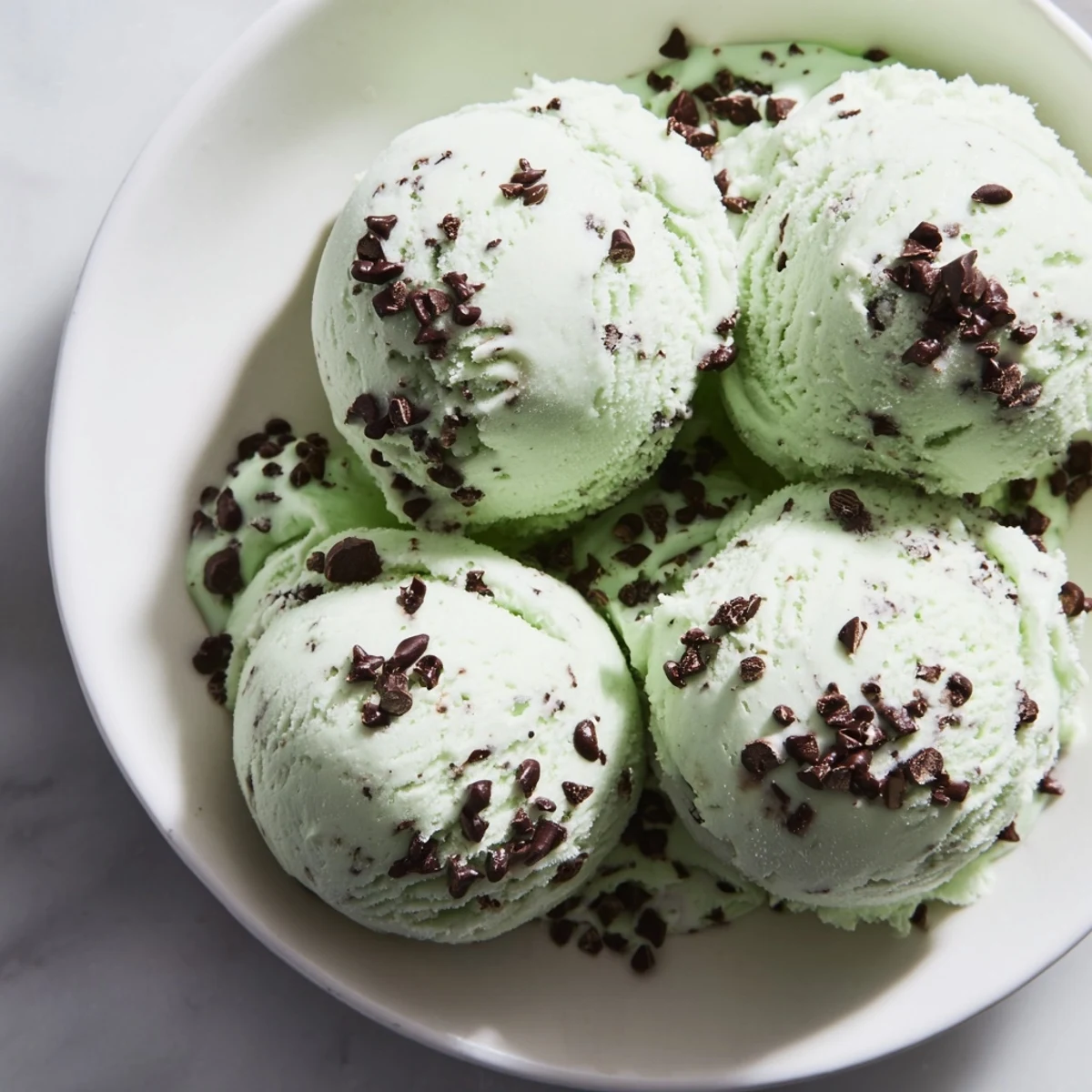 A scoop of rich Mint Chocolate Chip Ice Cream, perfect for a summer dessert on a warm day.