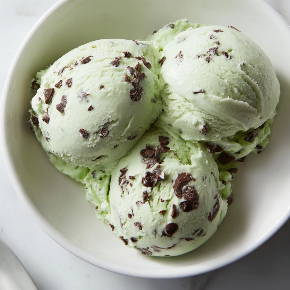 Close-up of Mint Chocolate Chip Ice Cream, showing visible chocolate chips and a vibrant green hue.