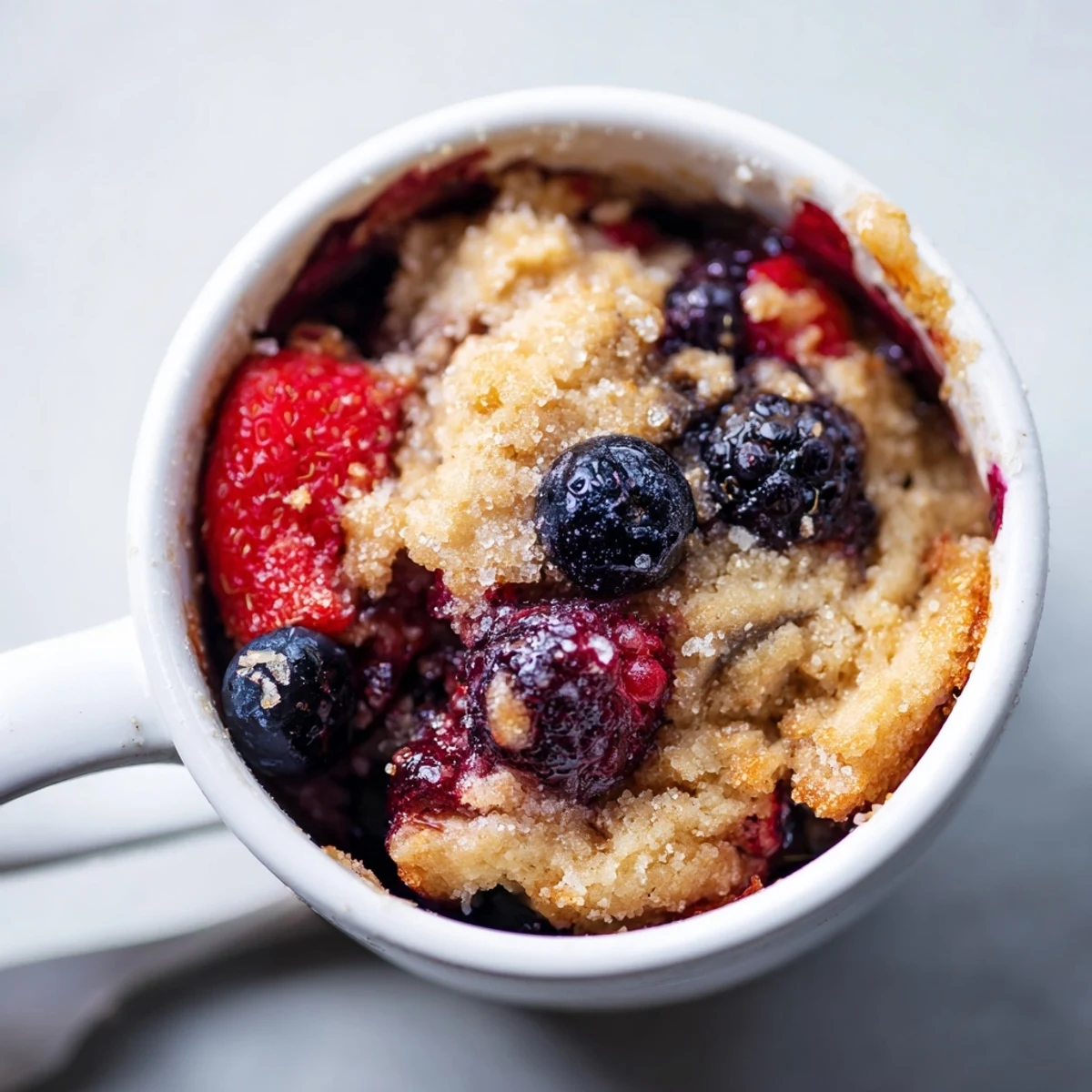 Warm, bubbling Mixed Berry Cobbler Mug Cake, a quick dessert topped with golden crust.