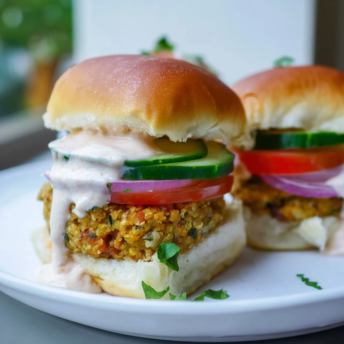 Golden-brown Baked Falafel Sliders, promising a flavorful bite with tahini and fresh veggies on slider buns.