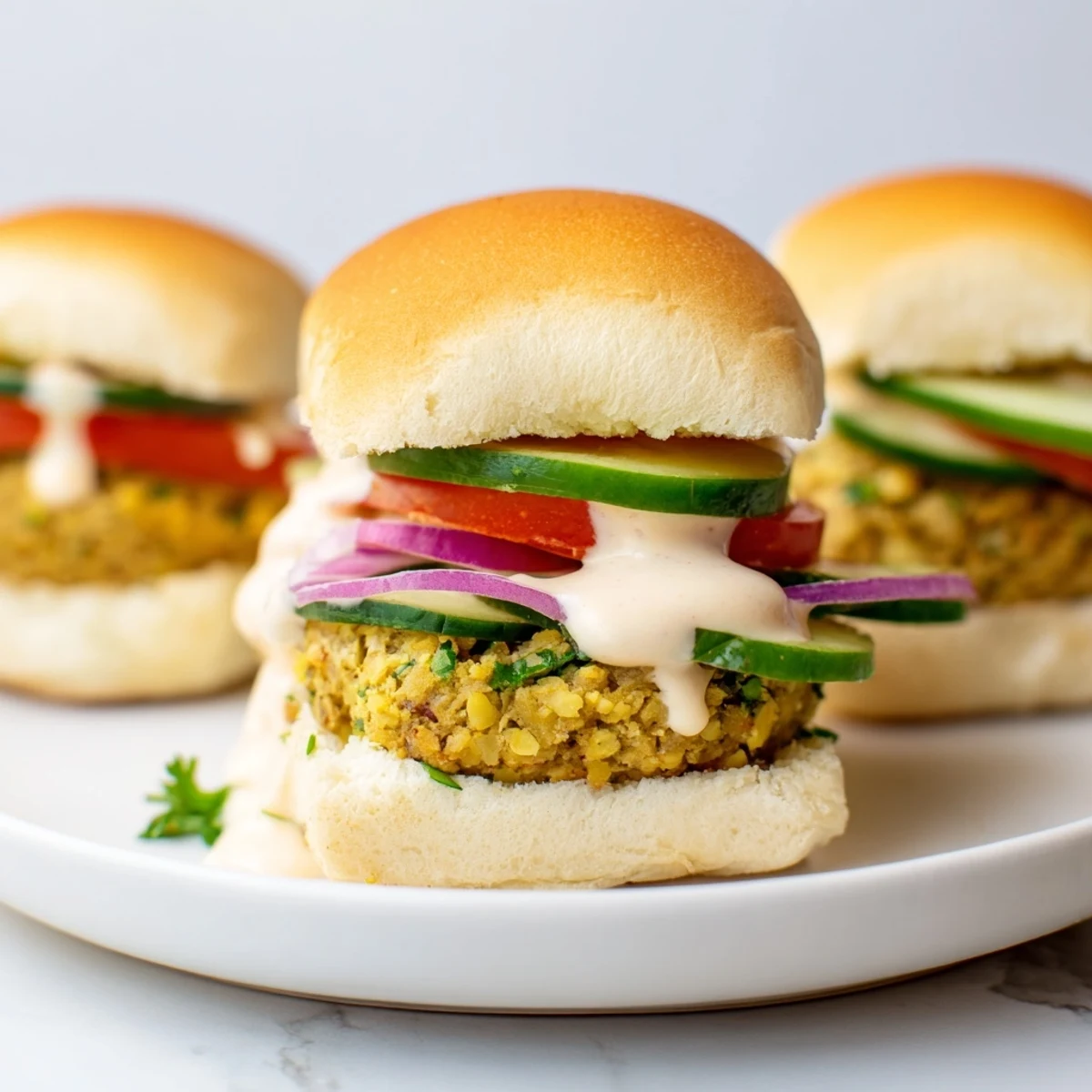 A close-up of delicious Baked Falafel Sliders, featuring a creamy tahini drizzle and crisp, colorful fillings.