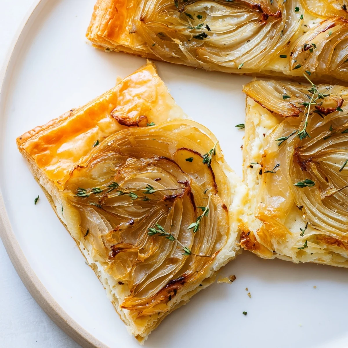 Golden caramelized onions atop flaky pastry, the flavorful Caramelized Onion Tart is ready to serve.