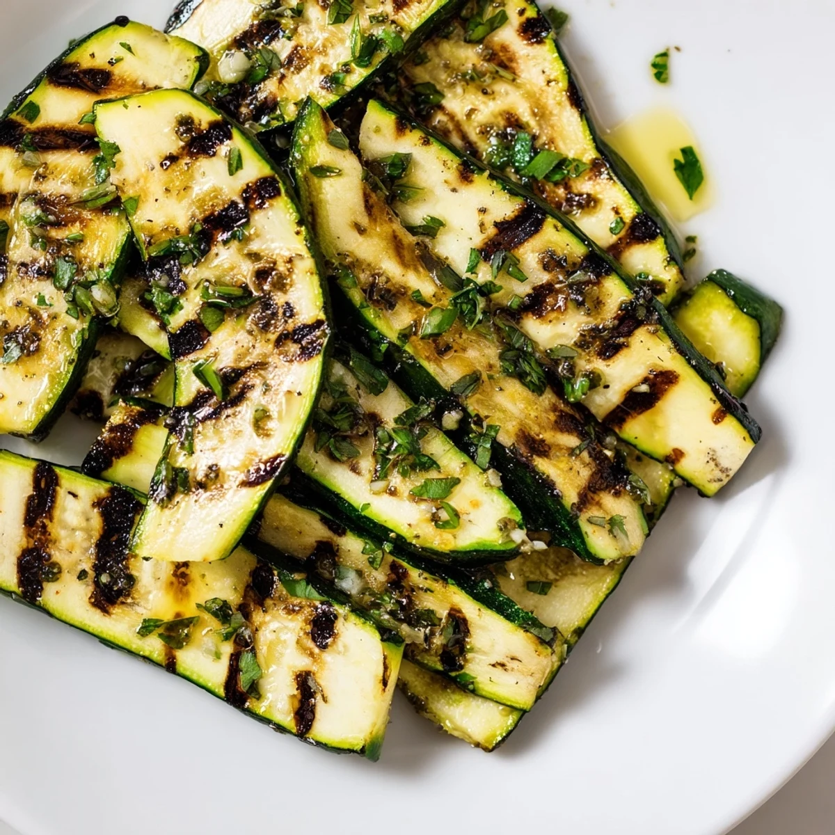 Golden-brown, grilled Garlic Herb Zucchini slices glistening with olive oil and fresh herbs, ready to serve.