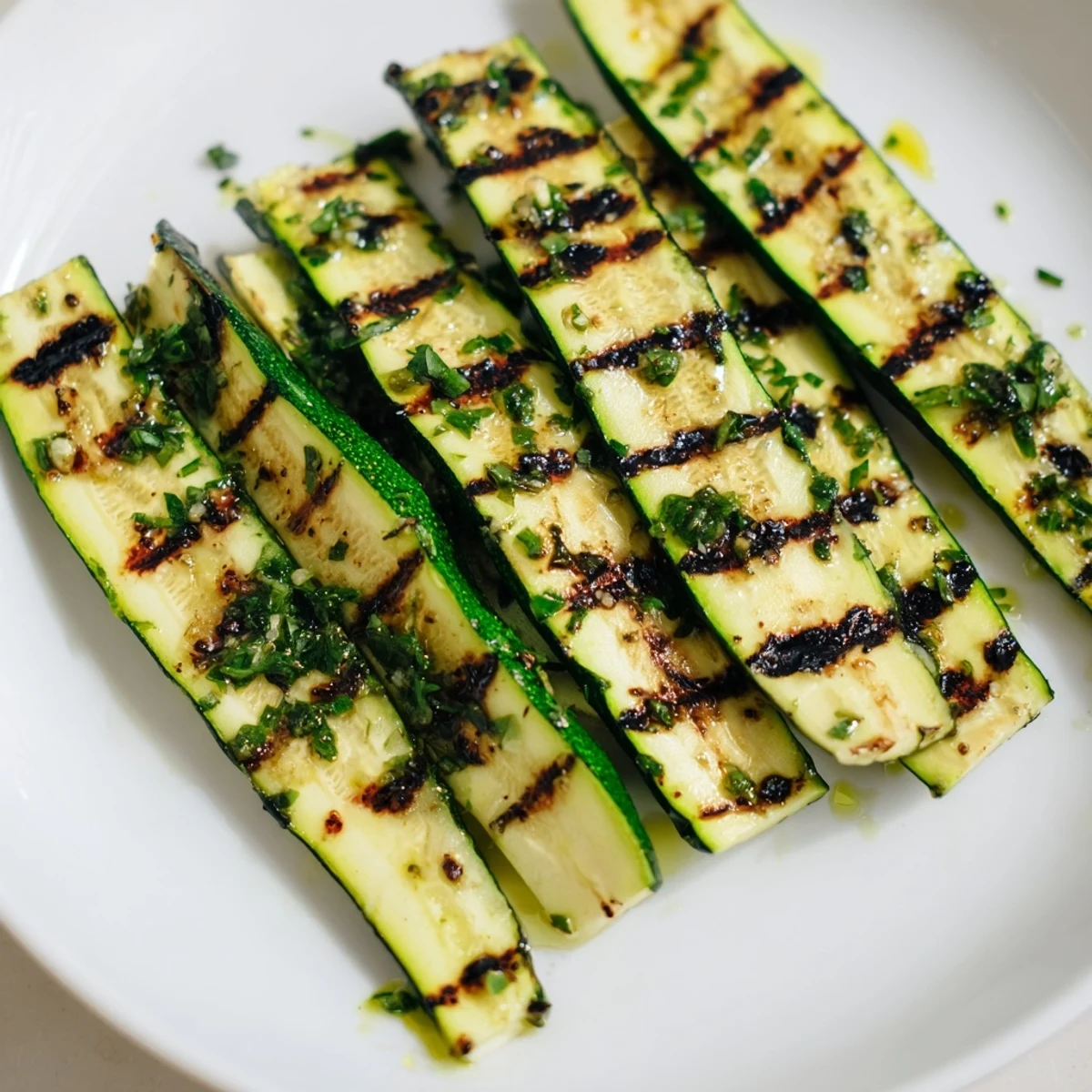 Perfectly cooked Garlic Herb Grilled Zucchini with char marks, offering a savory aroma, alongside a summer meal.