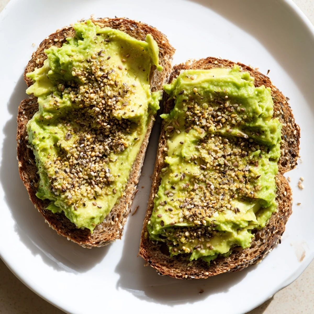 Golden-brown toast holds smashed avocado, bursting with flavor from everything bagel seasoning in this Avocado Toast.