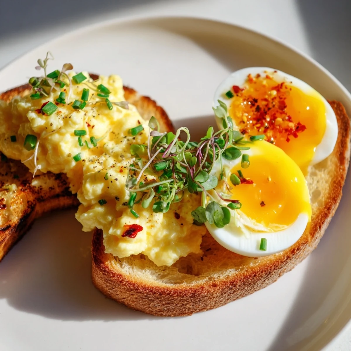 Delicious close-up of Egg Flight Toast with three flavorful egg preparations, a perfect vegetarian meal.