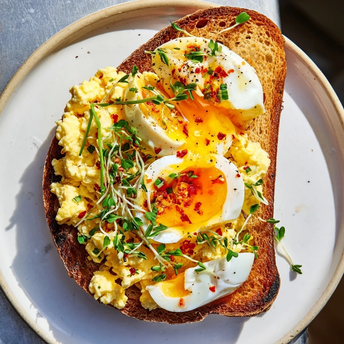 Savory breakfast Egg Flight Toast showcases fluffy scrambled, perfect fried, and soft-boiled eggs ready to eat.