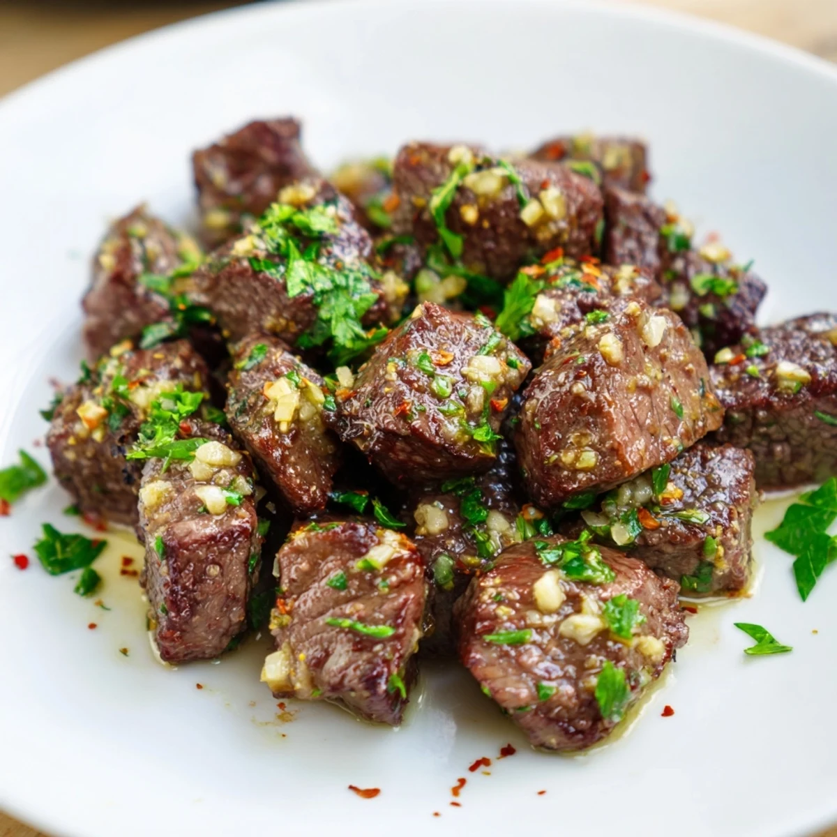 Sizzling Garlic Butter Steak Bites, perfectly seared and glistening with flavorful garlic butter sauce.