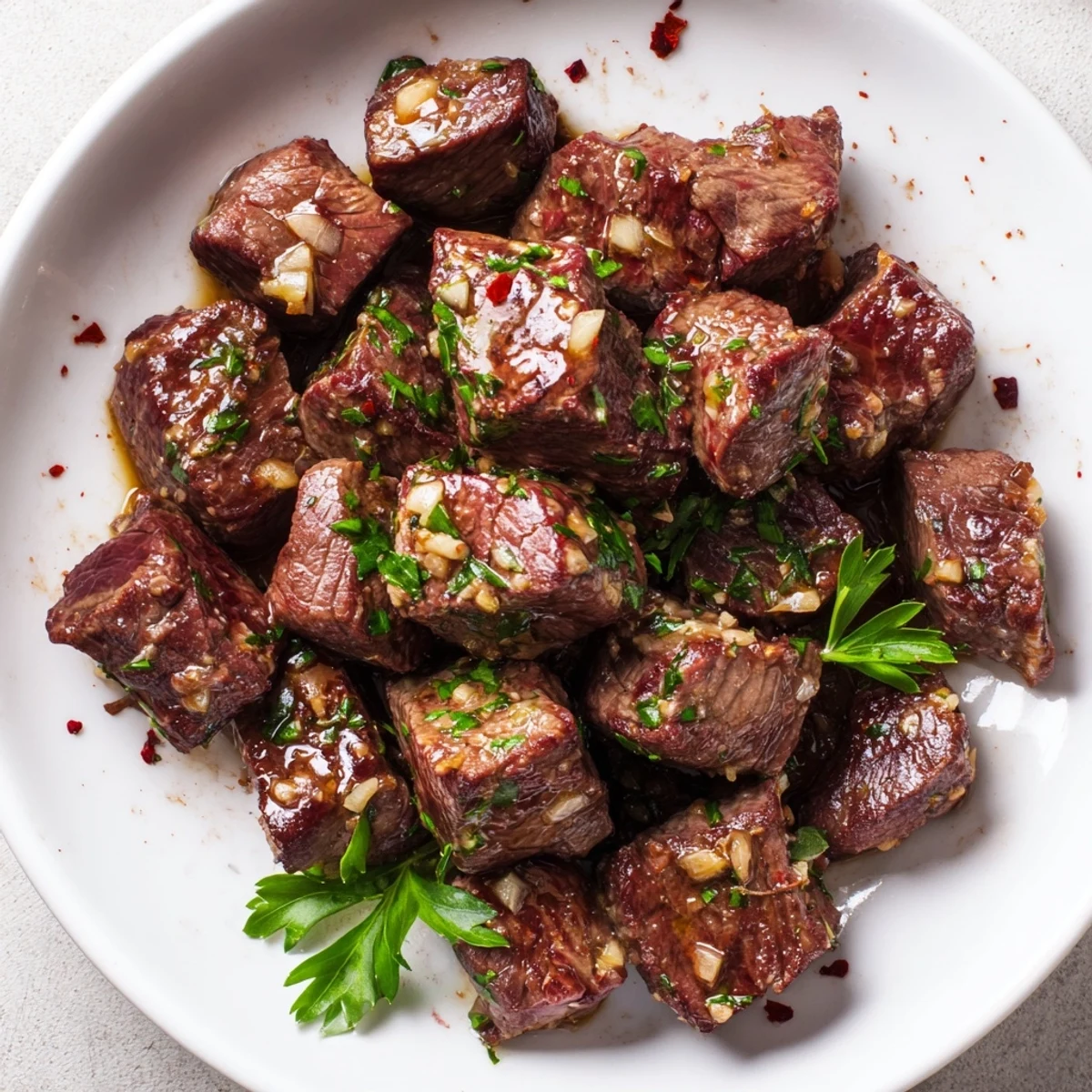 A close-up of delicious Garlic Butter Steak Bites, served with fresh parsley garnish in a skillet.