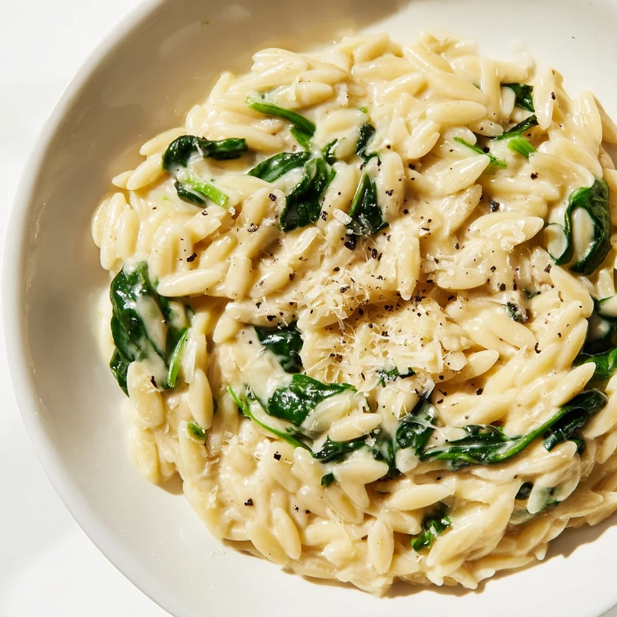 Creamy Spinach Orzo boasts a vibrant green spinach color, perfectly coated with a luscious, creamy sauce.