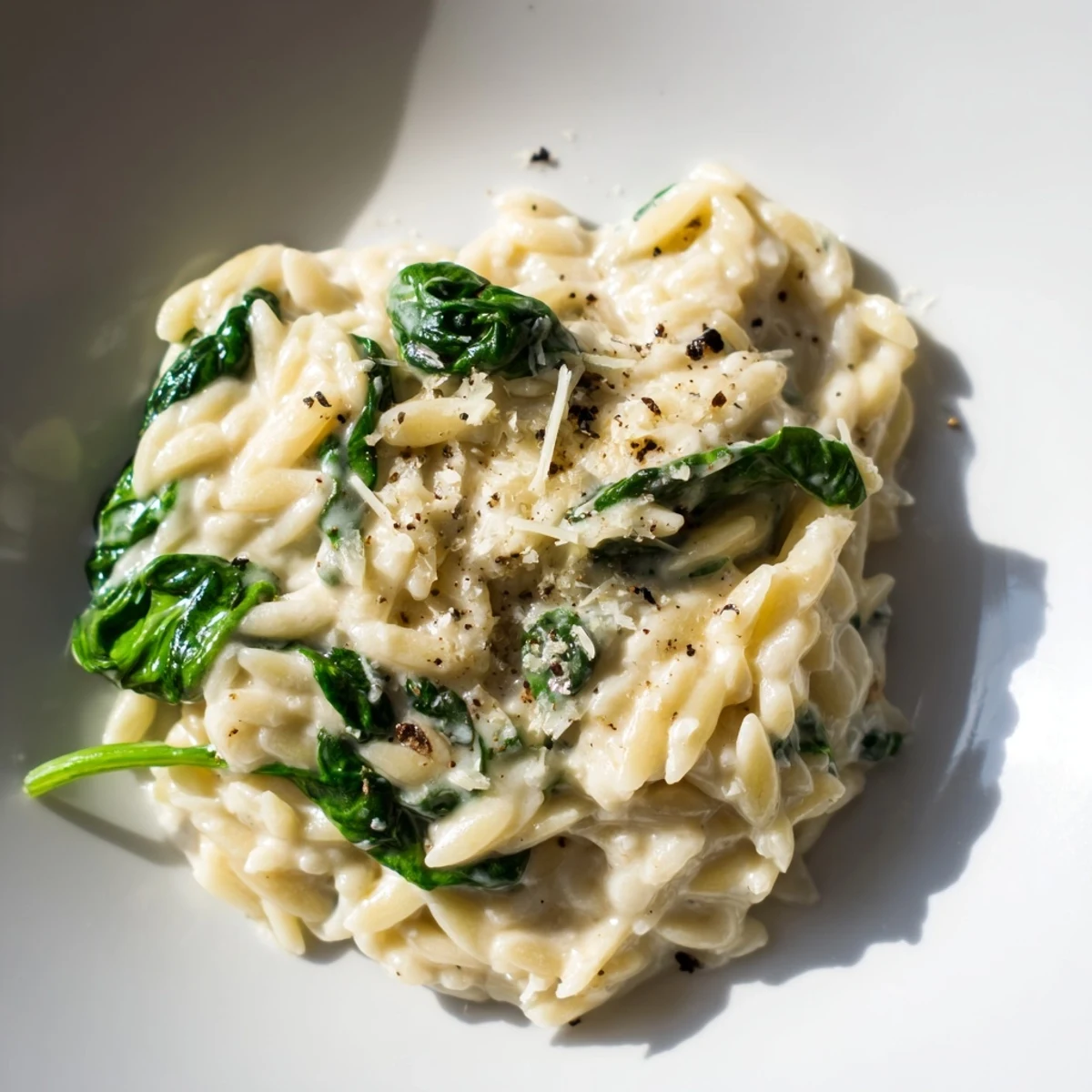 This bowl of Creamy Spinach Orzo showcases a comforting, one-pan meal with a hint of nutmeg and pepper.