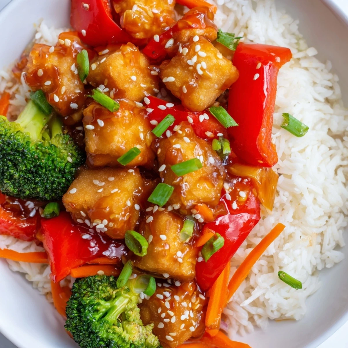 Golden-brown Honey Garlic Tofu Bowls, with a glistening, sticky sauce over colorful vegetables and fluffy rice.