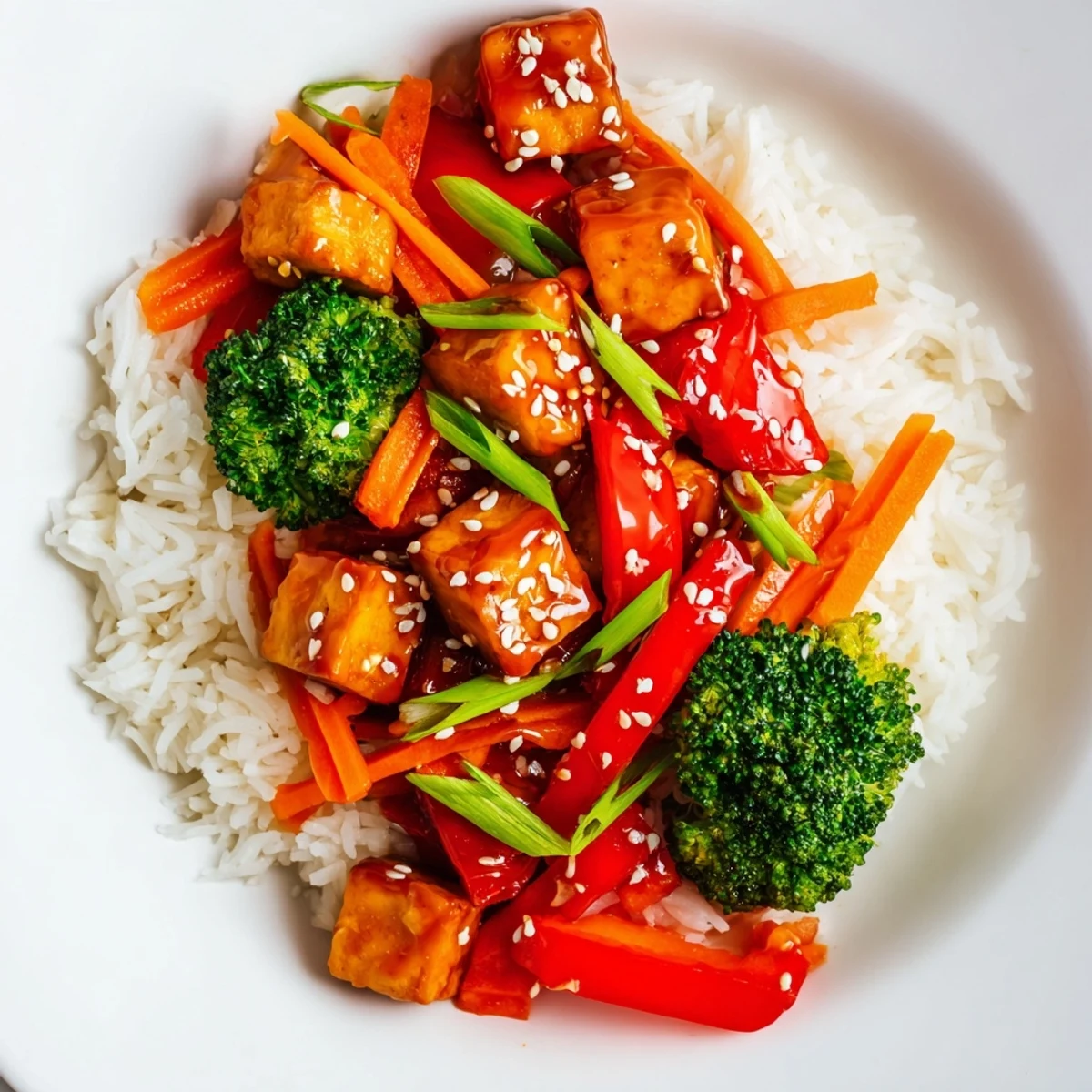 A close-up of steaming Honey Garlic Tofu Bowls with vibrant vegetables, ready for a delicious dinner.