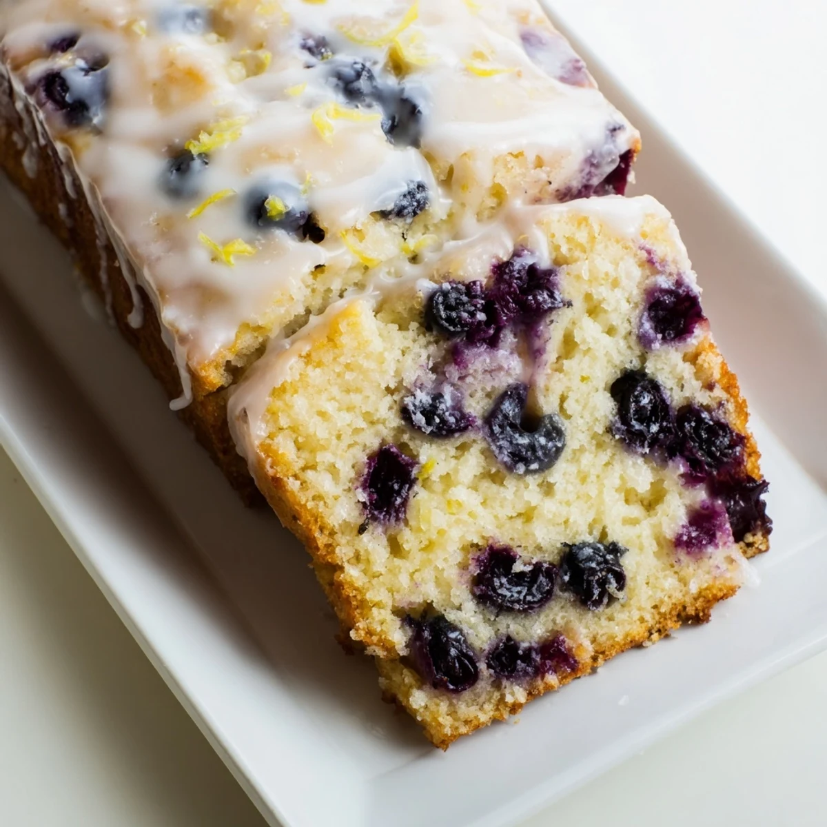Freshly baked Lemon Blueberry Yogurt Loaf displaying a golden crust and scattering of blueberries.