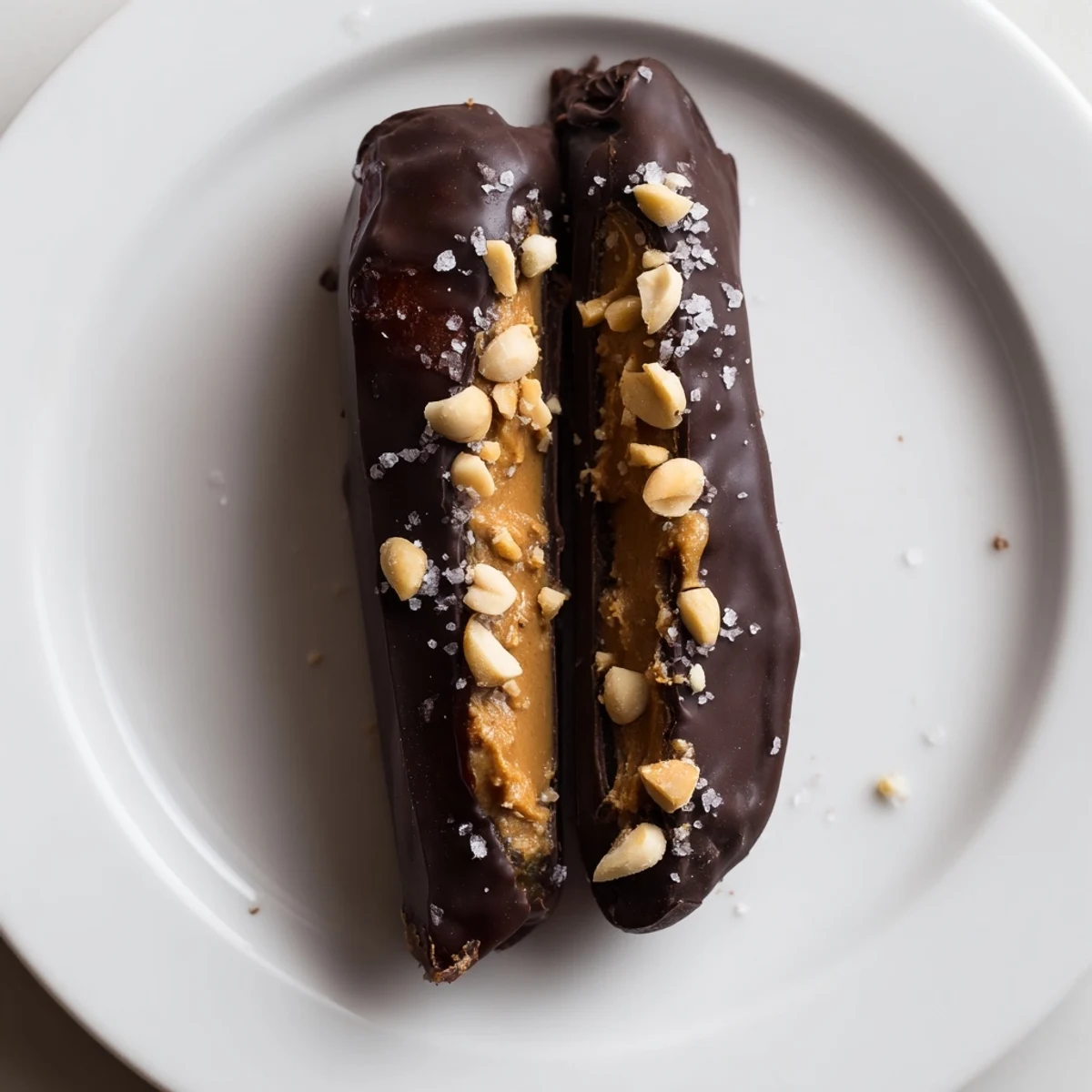 Delectable Chocolate Date Snickers, with creamy peanut butter centers, dipped in glossy dark chocolate, ready to be enjoyed.