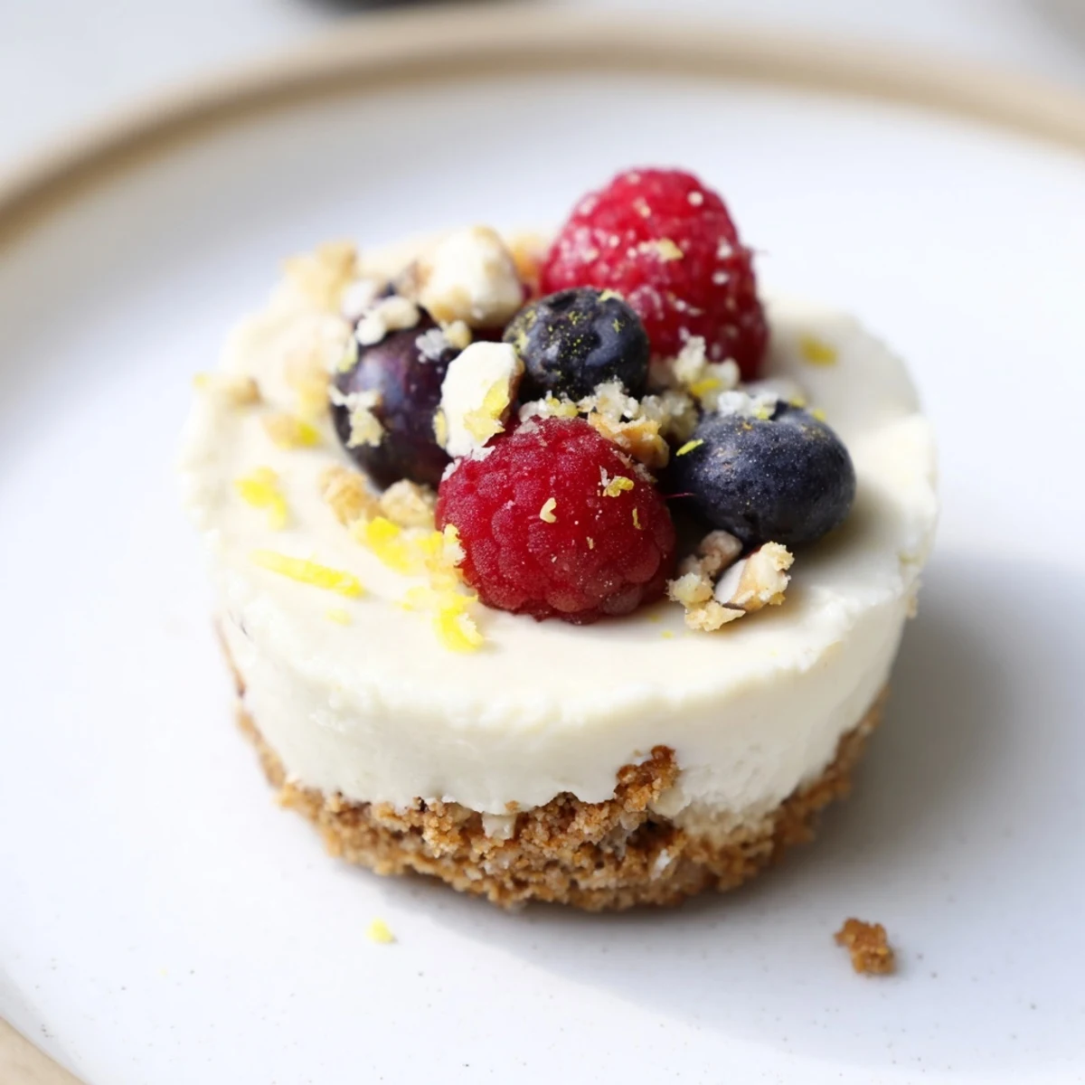 Golden-brown Protein Cheesecake Cups topped with fresh berries, a delightful no-bake dessert.