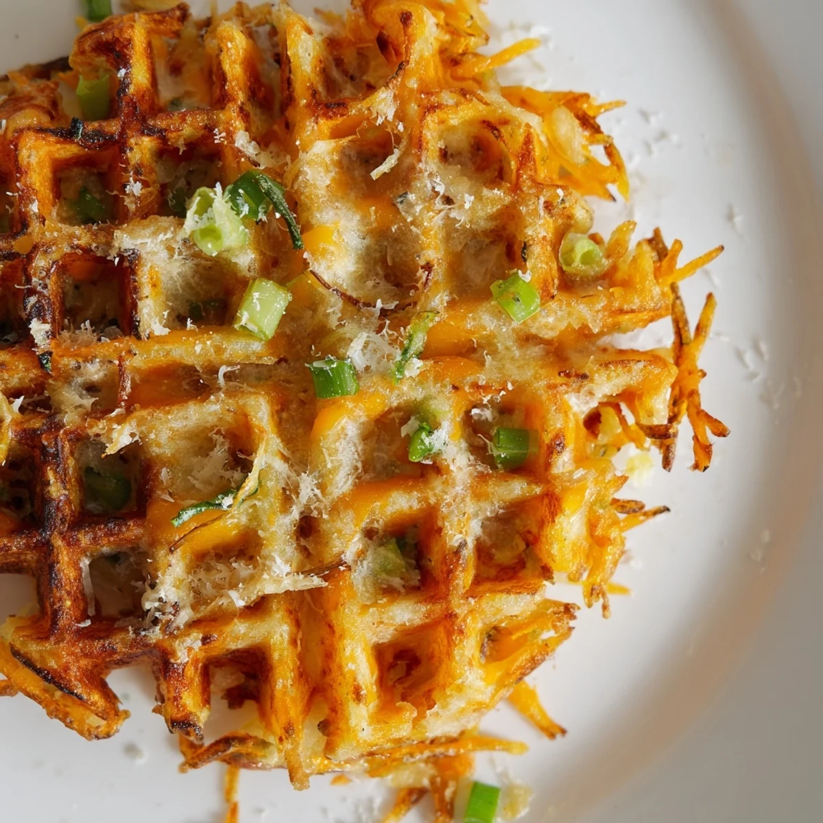 A close-up shot of delicious Cheesy Hash Brown Waffles, smelling of garlic and cheese, perfect for brunch.