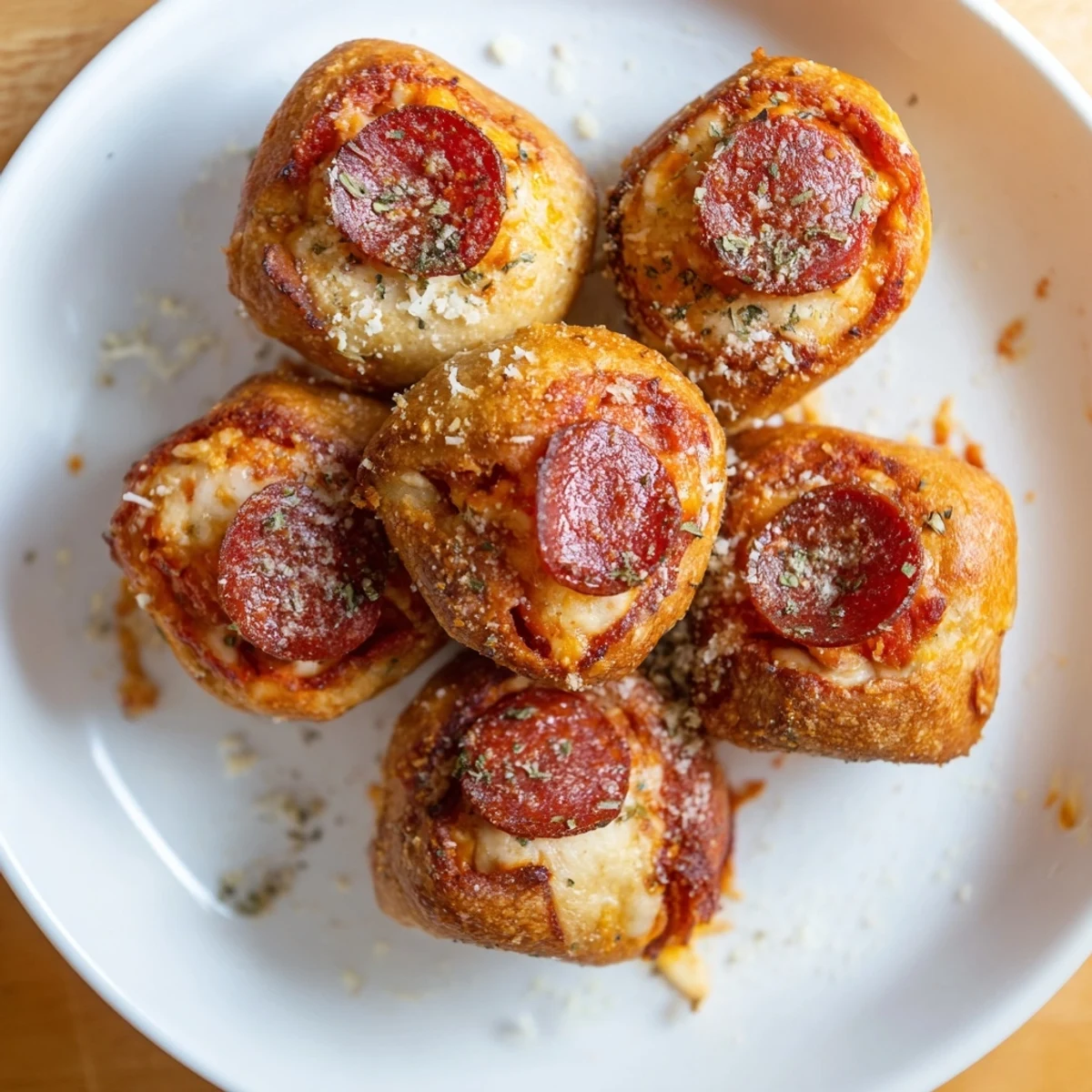Mouthwatering image of air fryer pizza rolls, hot from the air fryer with gooey cheese inside.
