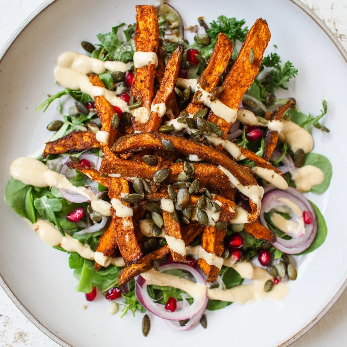 Vibrant Roasted Carrot Salad with tahini-lemon drizzle, showcasing tender carrots and fresh greens.