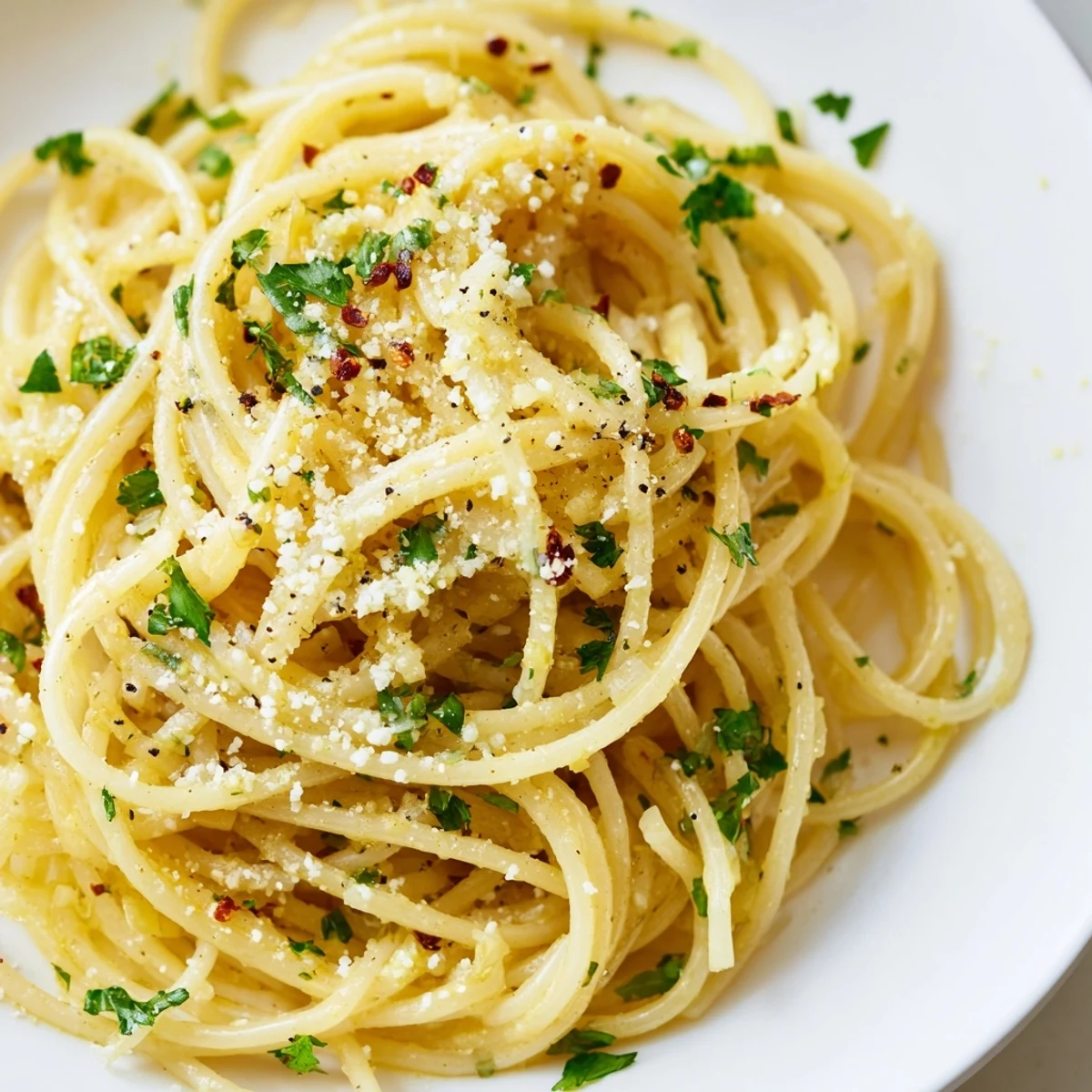 Steaming bowl of Aglio e Olio Express Pasta featuring perfectly cooked spaghetti with vibrant parsley garnish.
