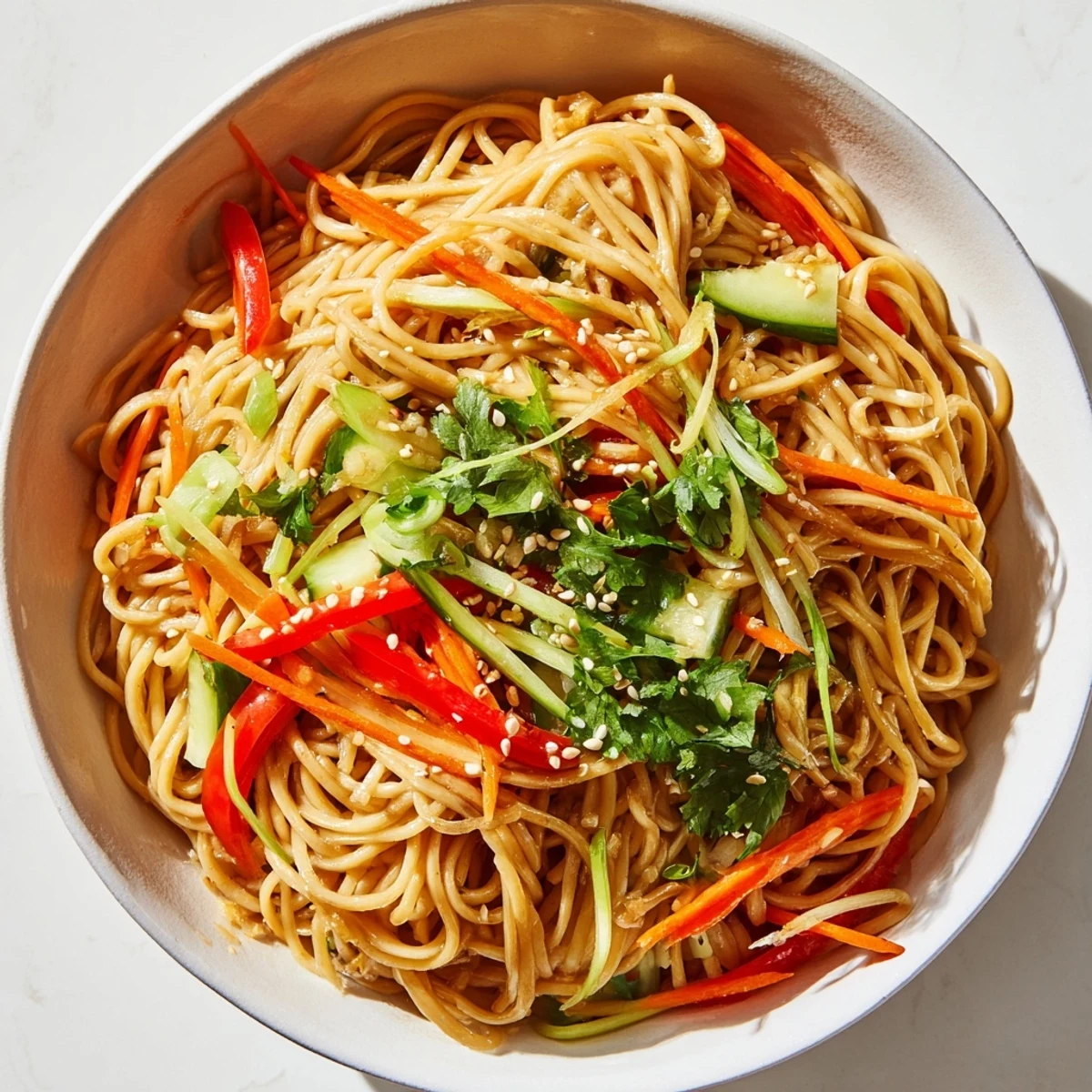 Vibrant garlic noodle salad, bursting with colorful veggies, ready for a delicious lunch.