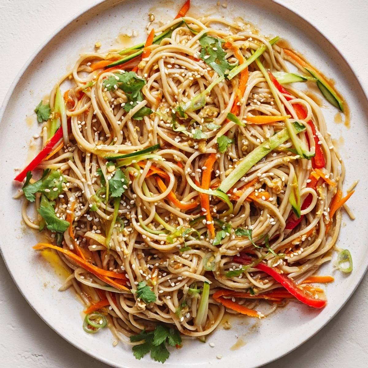 Refreshing garlic noodle salad with crisp carrots and peppers, dressed in a savory soy-ginger mix.