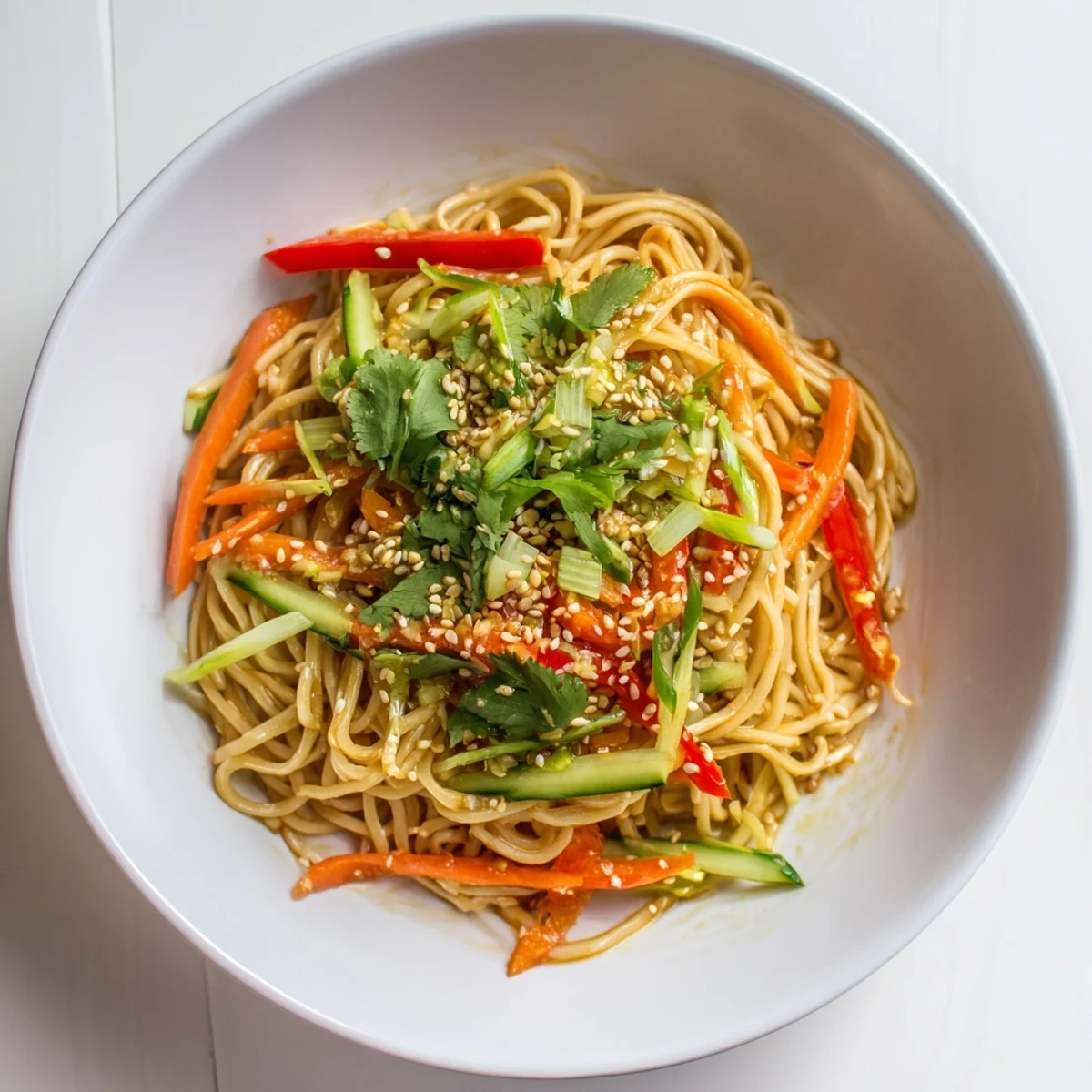 Close-up of a flavorful garlic noodle salad, tossed with fresh cilantro and ready to serve.
